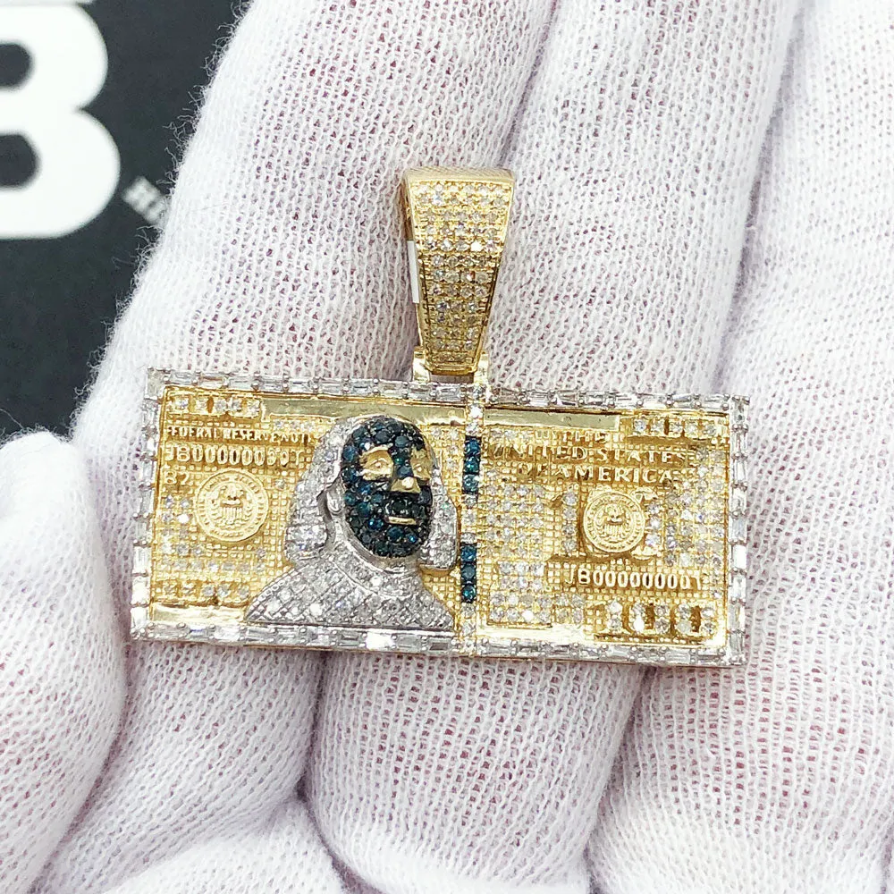 $100 Bill Baguette Blue Diamond Pendant 1.20cttw 10K Yellow Gold