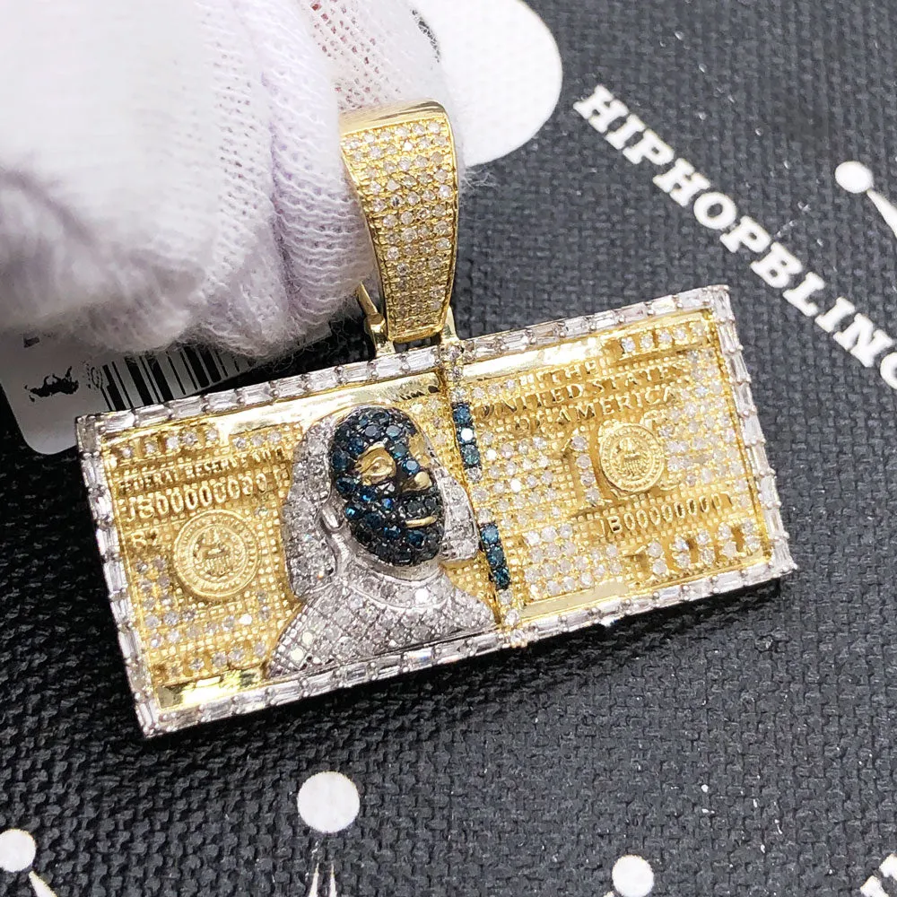 $100 Bill Baguette Blue Diamond Pendant 1.20cttw 10K Yellow Gold