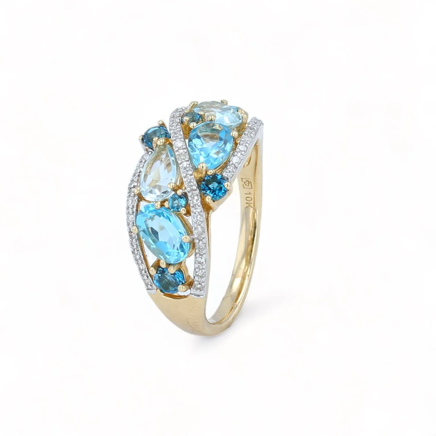 10K yellow gold blue topaz diamonds cocktail ring-18668