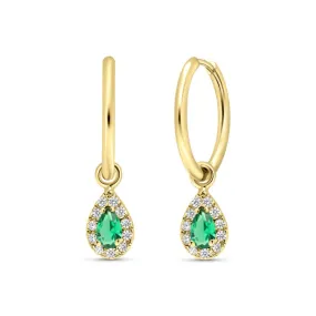 14k Gold Hoop Earrings with Halo Charms and Green Teardrop Zirconia