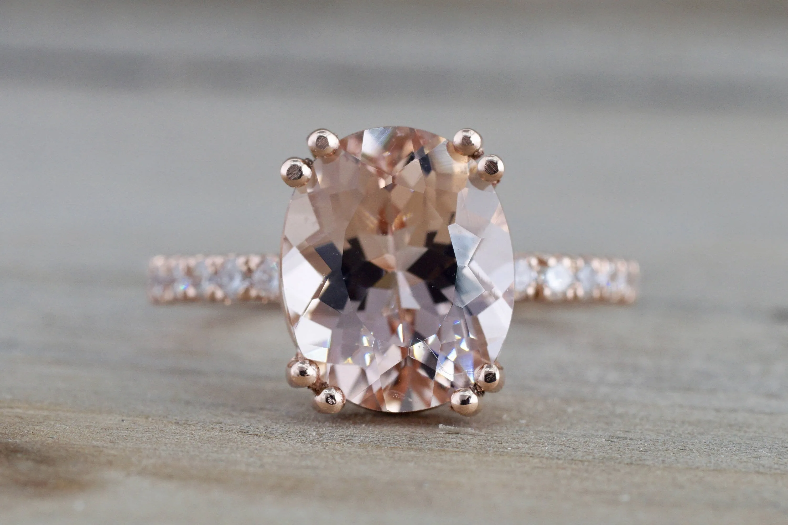 14k Rose Gold Elongated Oval Cut Pink Morganite Diamond Engagement Ring