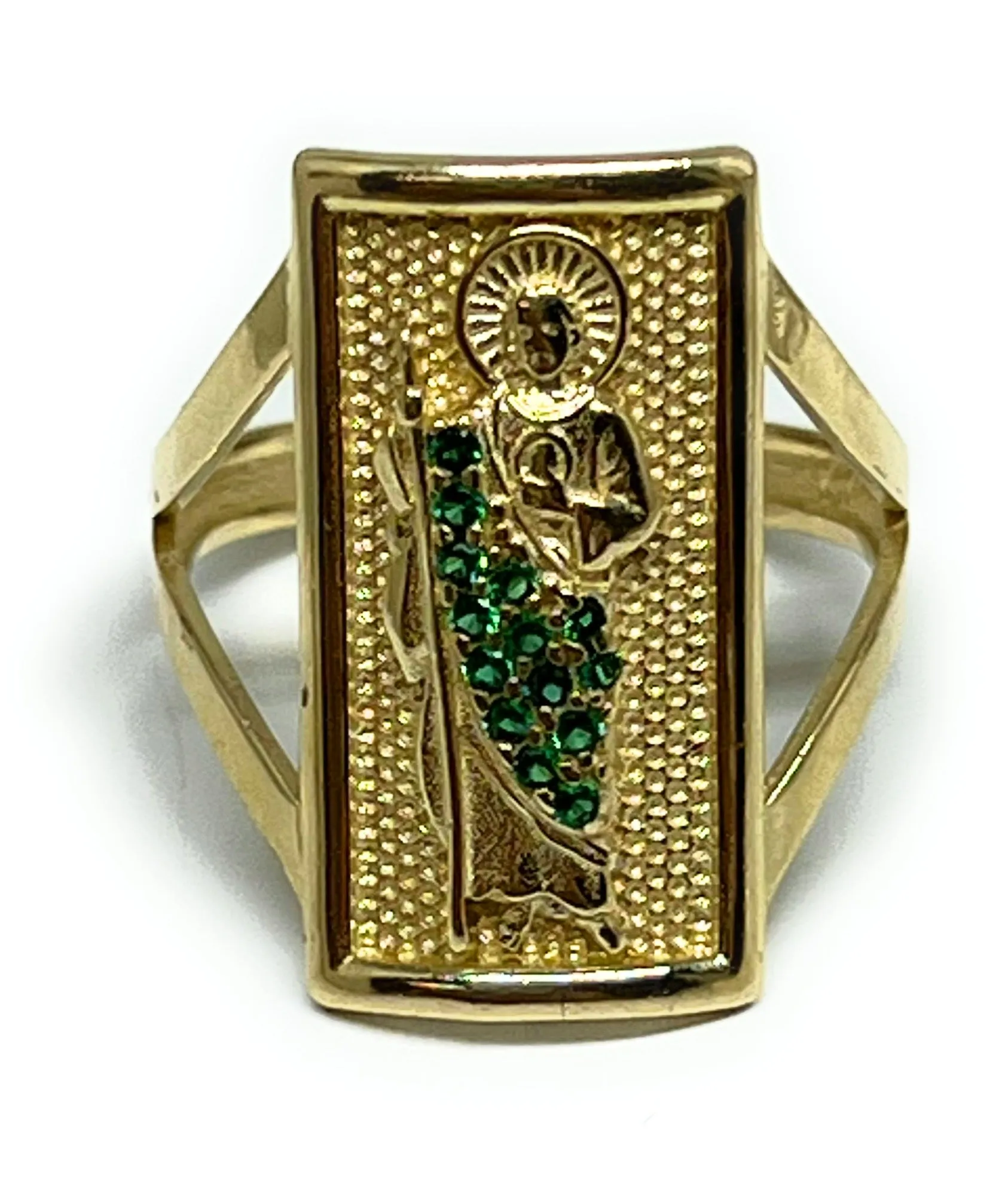 14k Solid Gold Yellow Gold Square Saan Judas Green CZ Ring