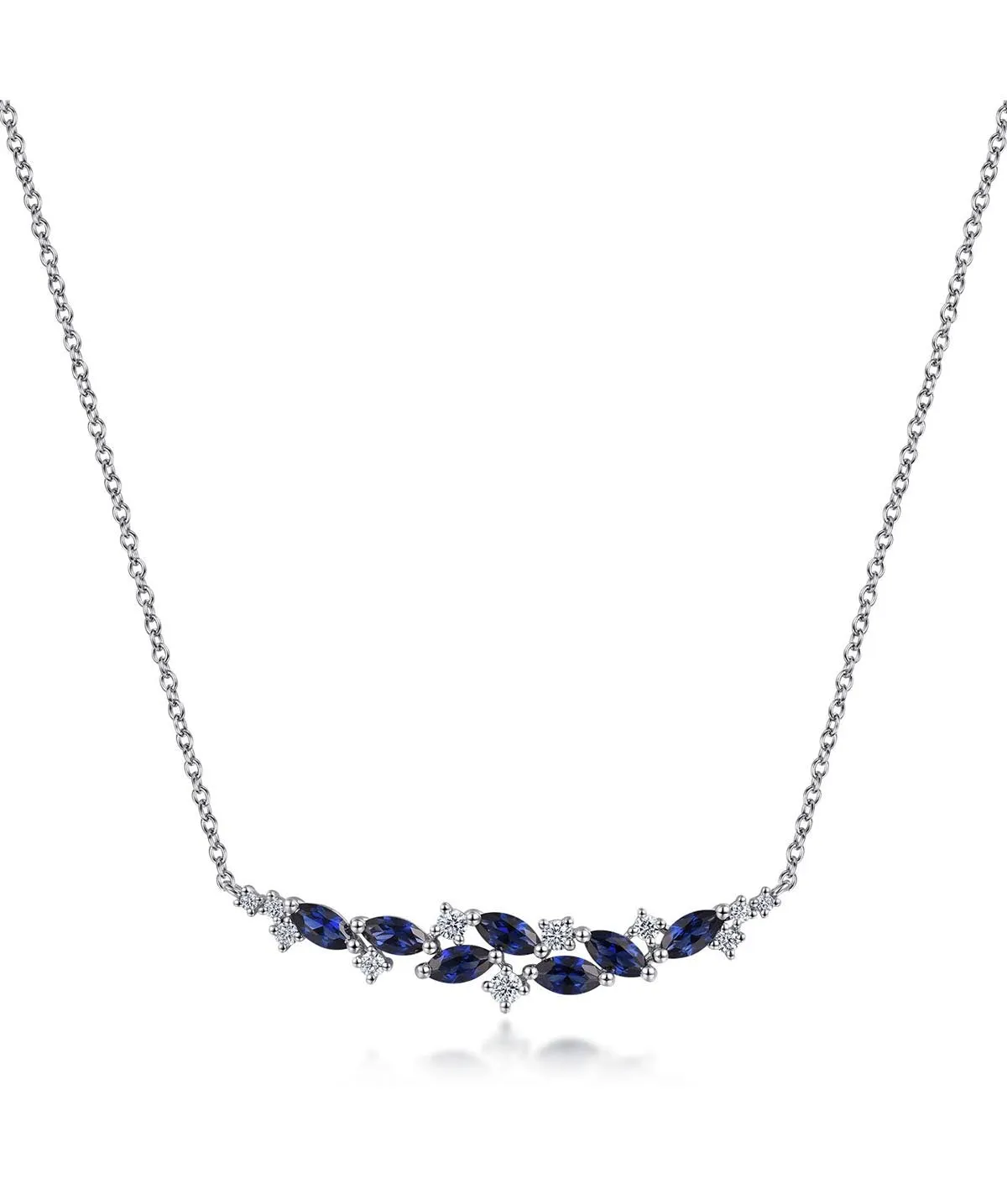 14K White Gold Diamond and Marquise Blue Sapphire Bar Necklace