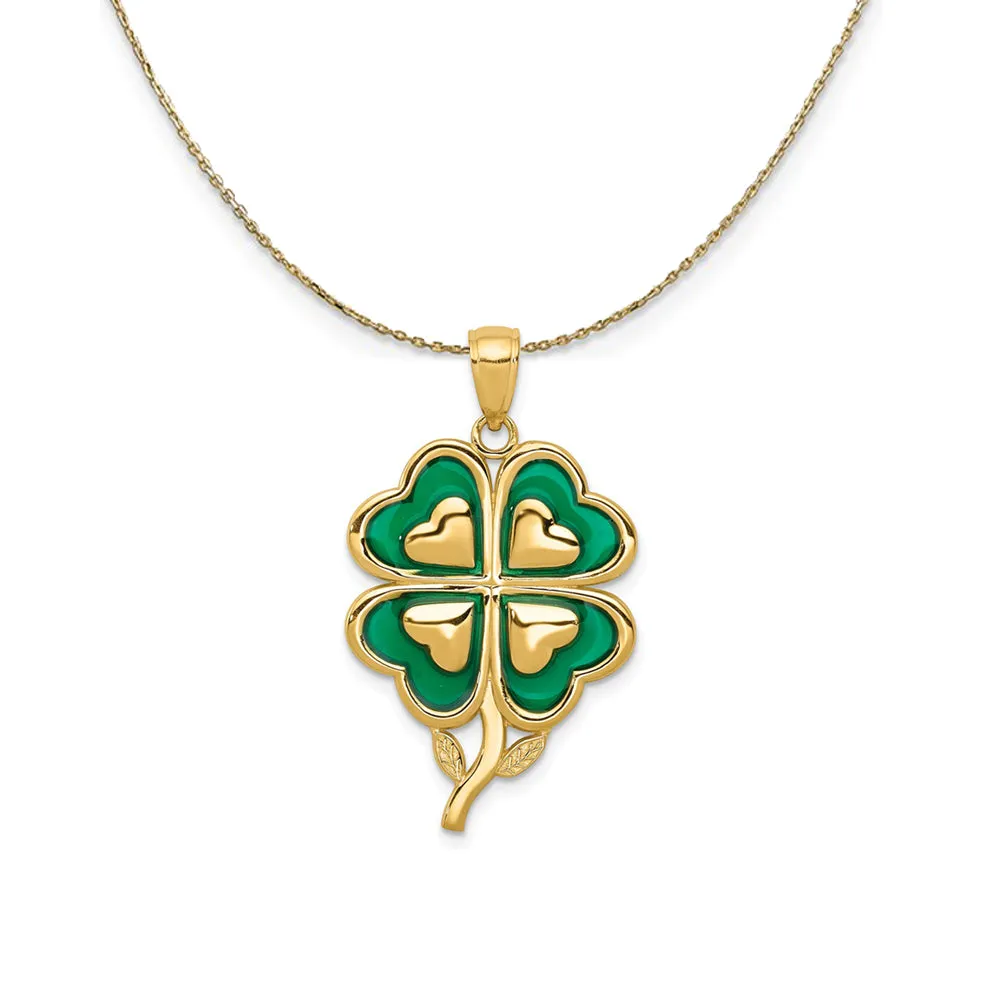 14k Yellow Gold & Green Acrylic Four Leaf Clover Necklace