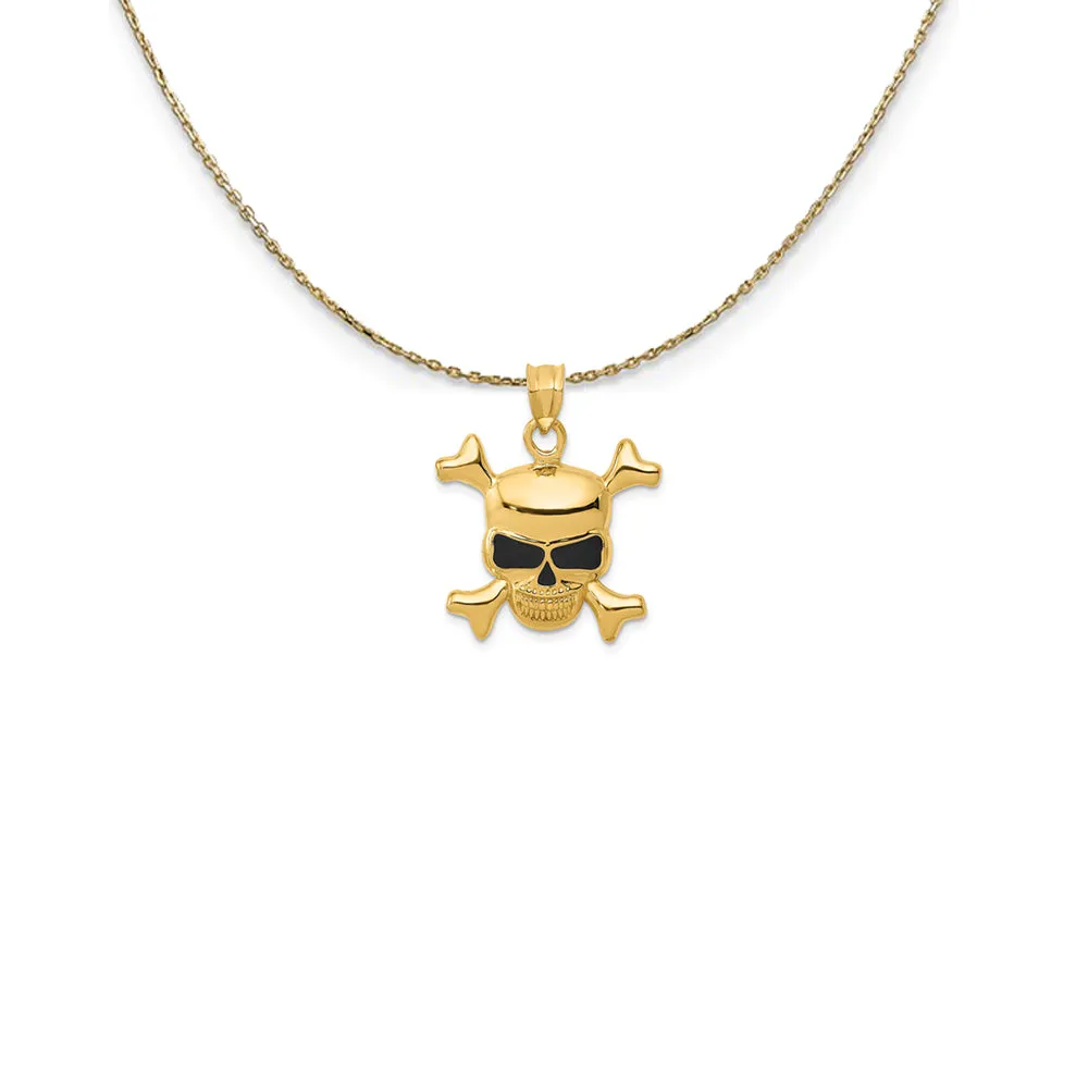 14k Yellow Gold Black Enameled Skull and Crossbones Necklace