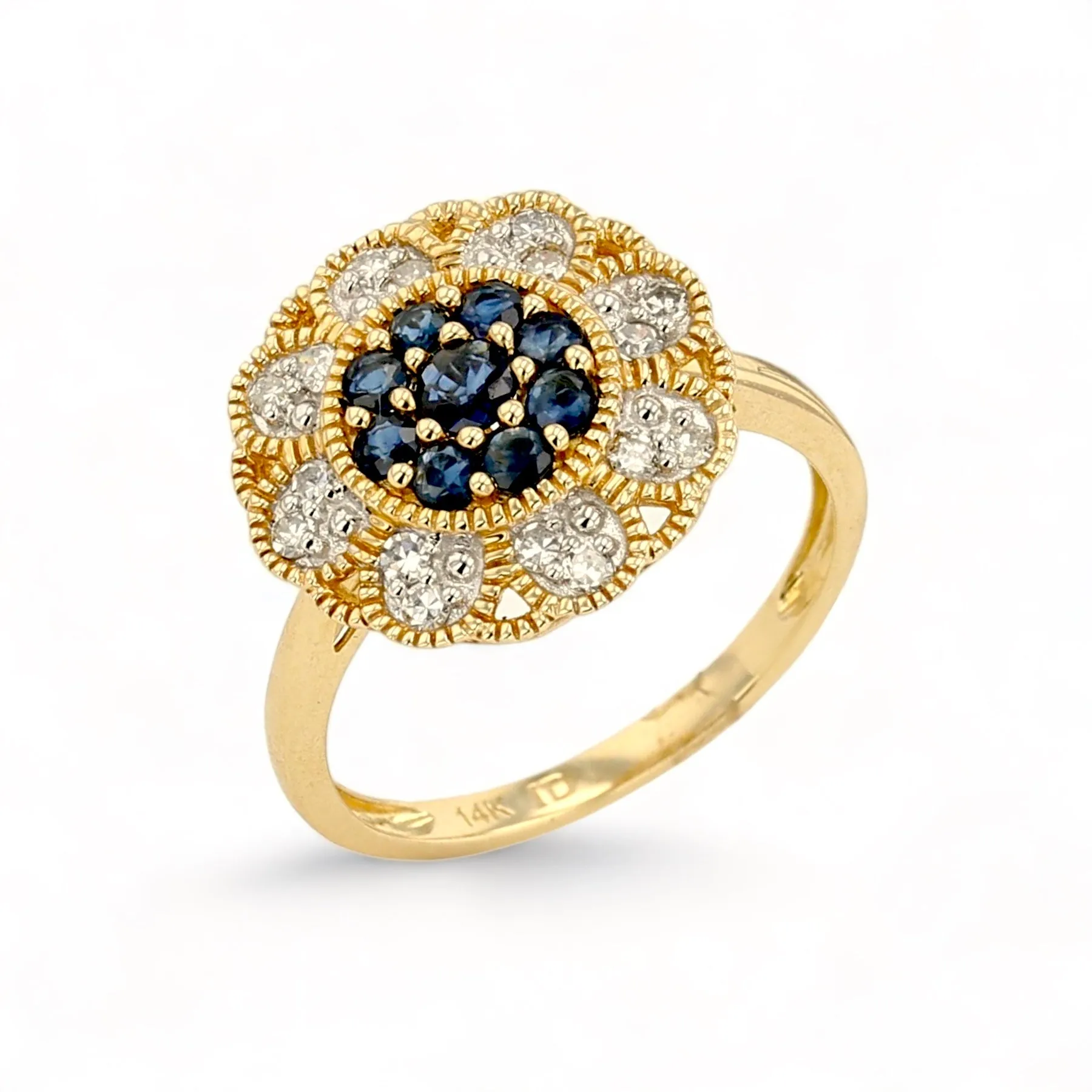 14K Yellow gold sun flower blue sapphire and diamonds ring-19586