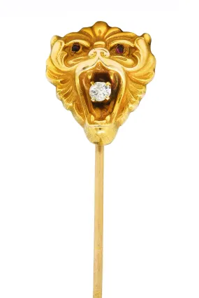 Art Nouveau Diamond 14 Karat Yellow Gold Animal Lion Stickpin