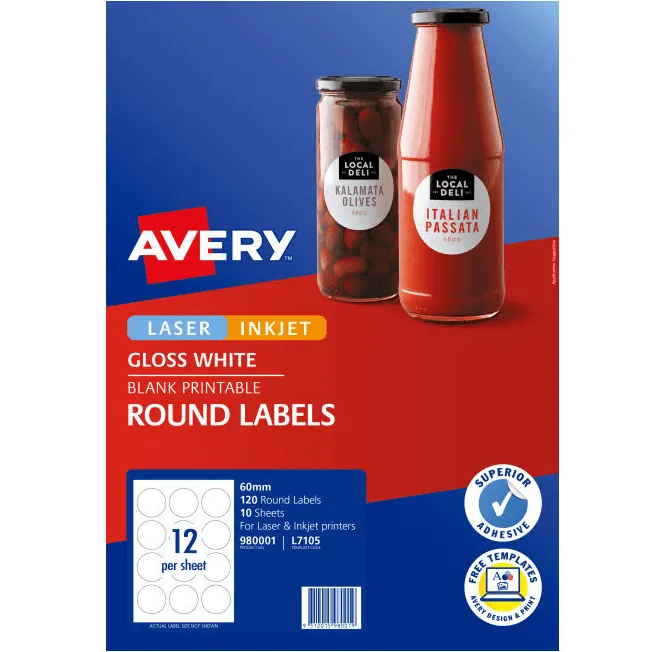 Avery 980001 L7105 Labels Round 12/Page White Glossy Pack 120 Pack 4