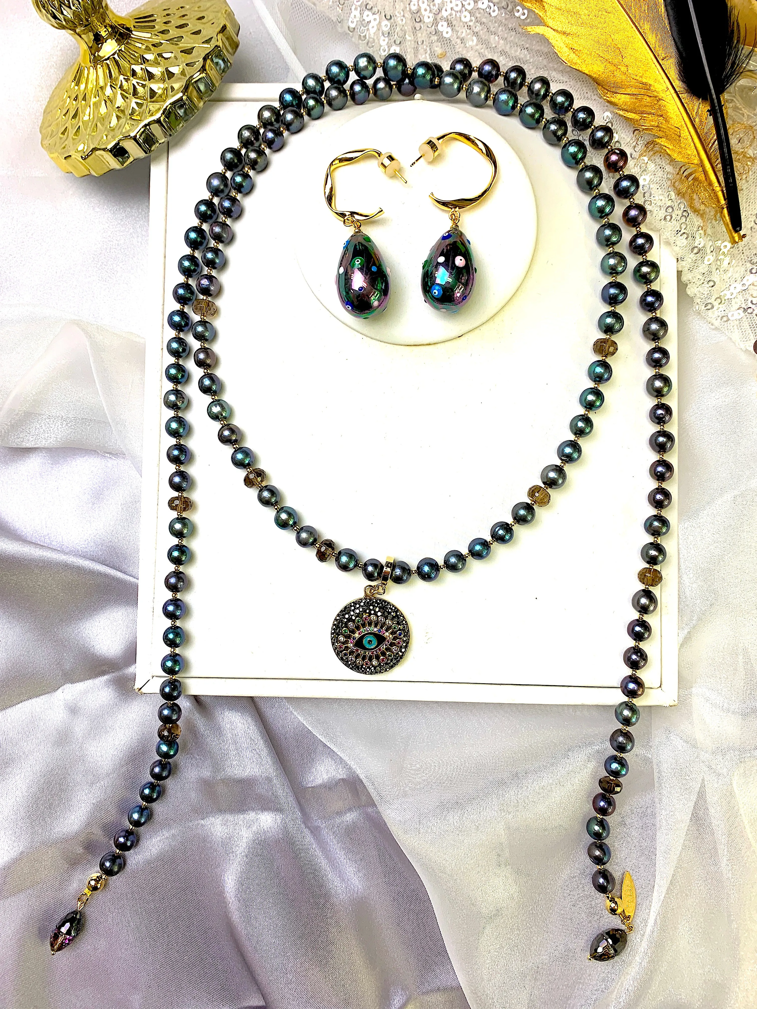 Black Pearls With Evil Eye Dangle Open Ended Necklace FN019