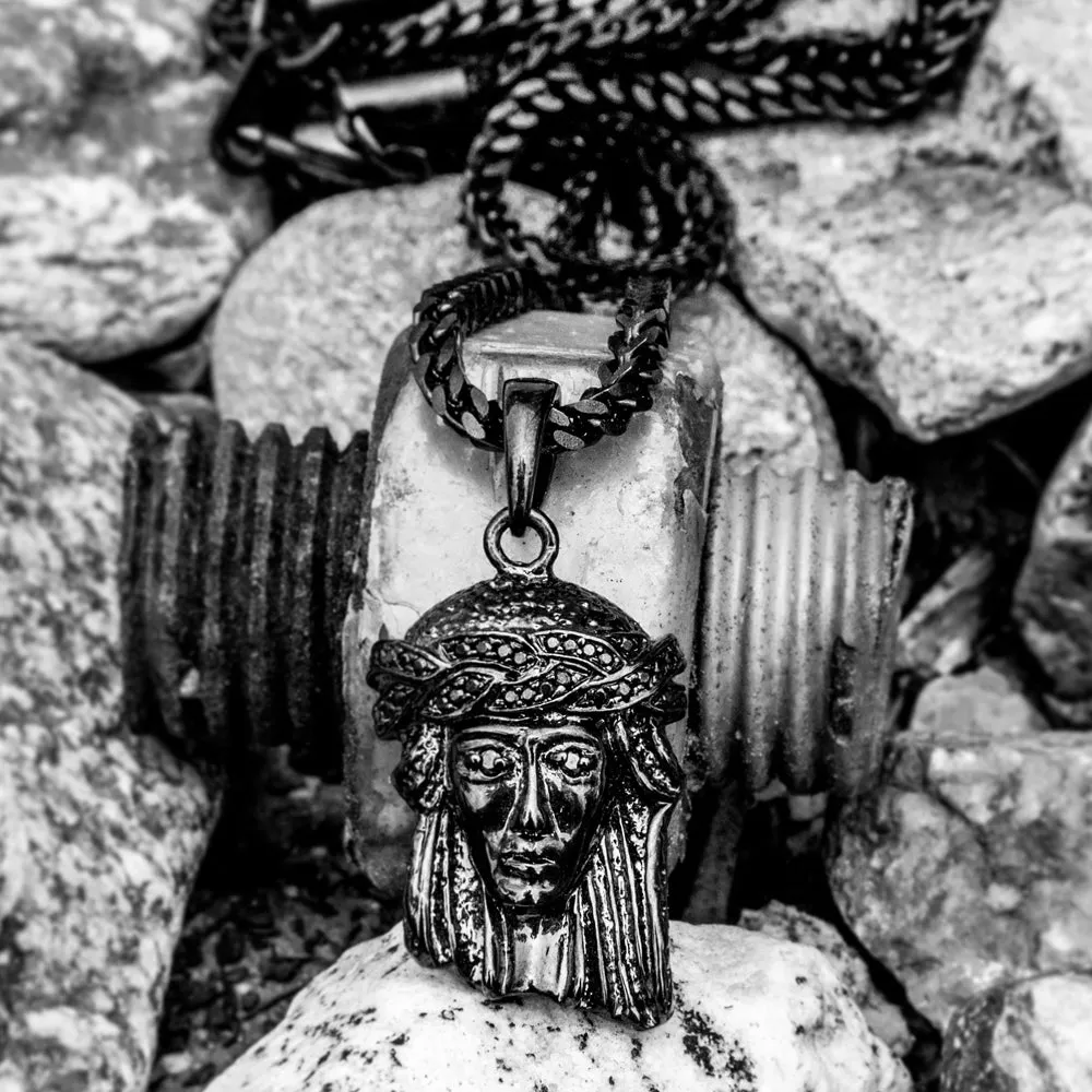 Black Rhodium Jesus Piece Necklace Pendant and Franco Chain