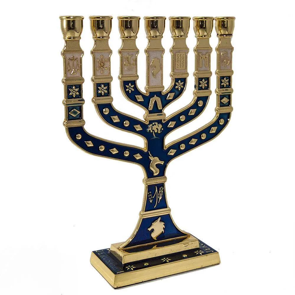 Blessed 7 Branched Blue Menorah Candle Holder from Jerusalem Holy Land 7/18cm