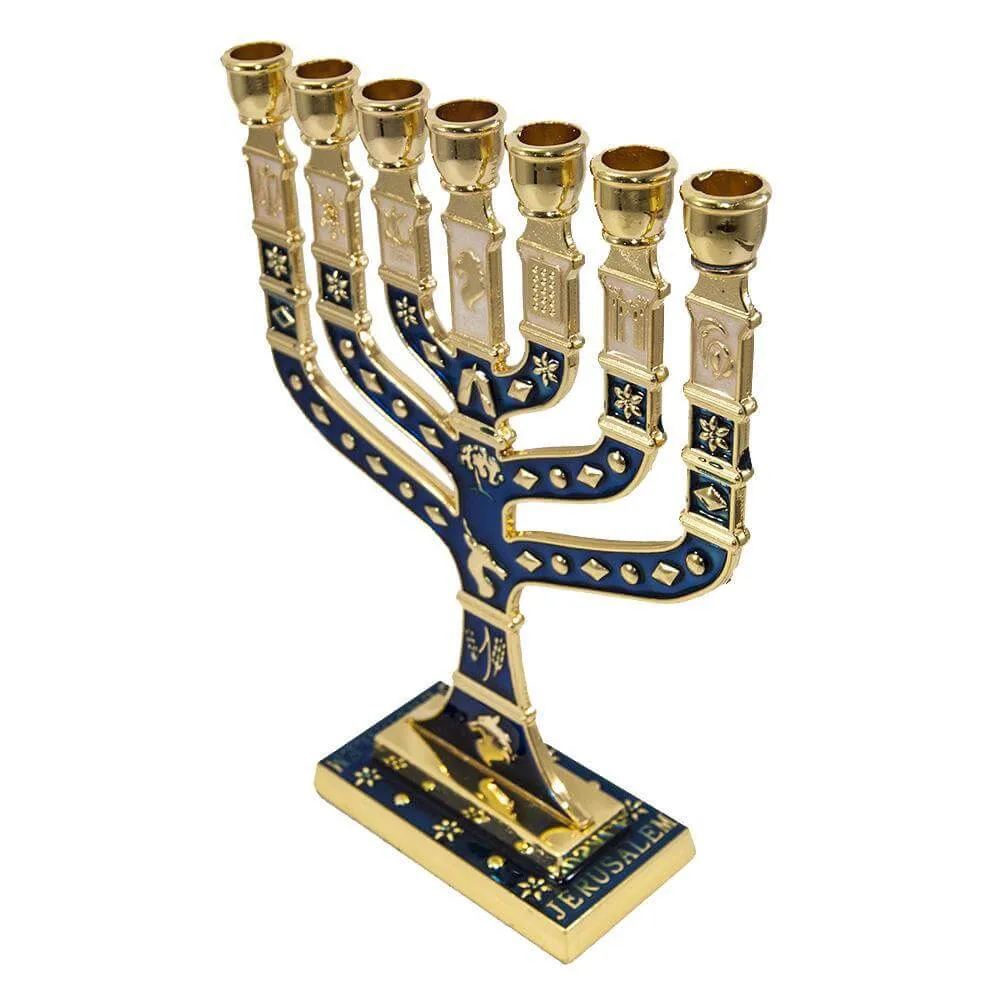 Blessed 7 Branched Blue Menorah Candle Holder from Jerusalem Holy Land 7/18cm