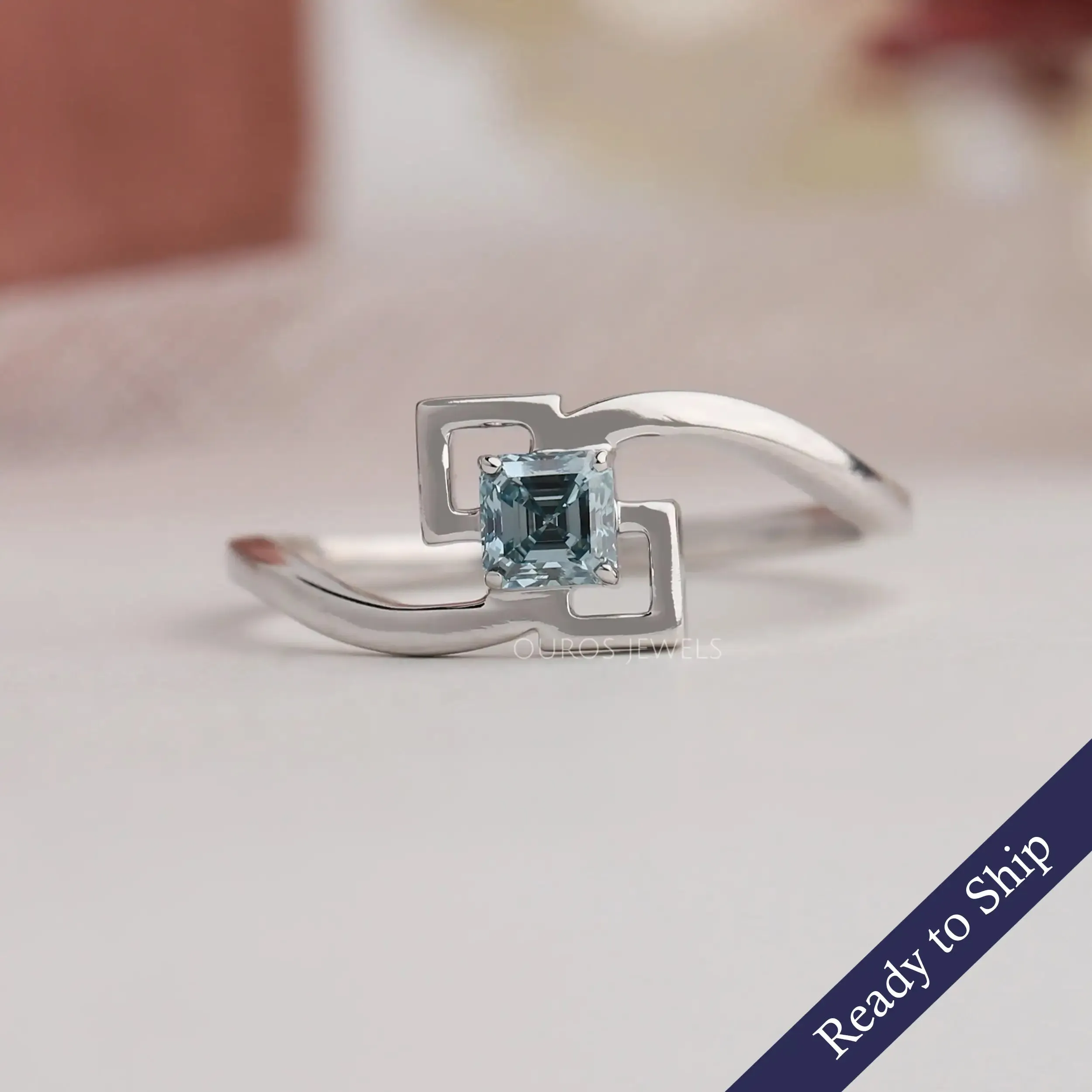 Blue Asscher Diamond Solitaire Ring