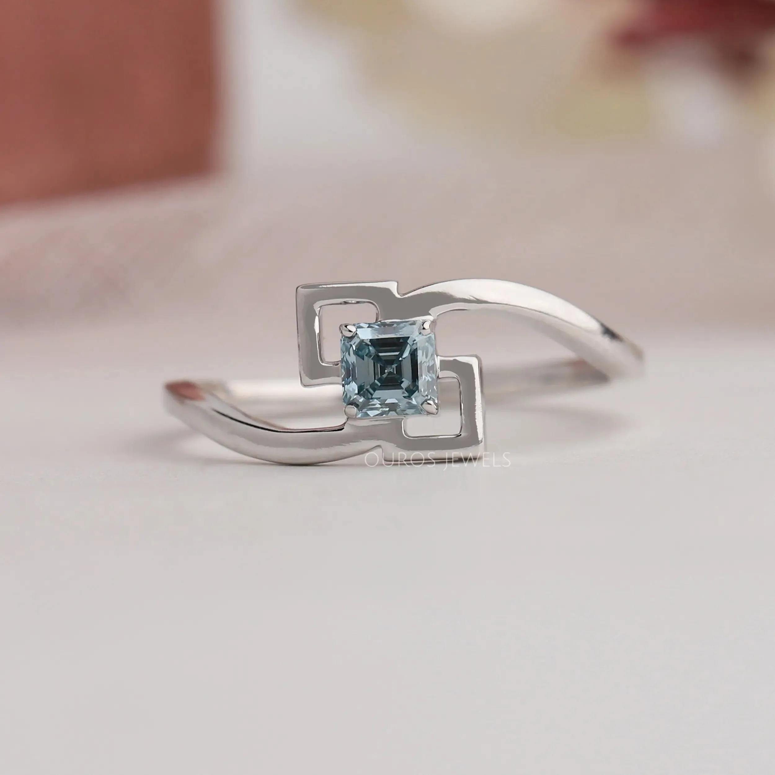 Blue Asscher Diamond Solitaire Ring