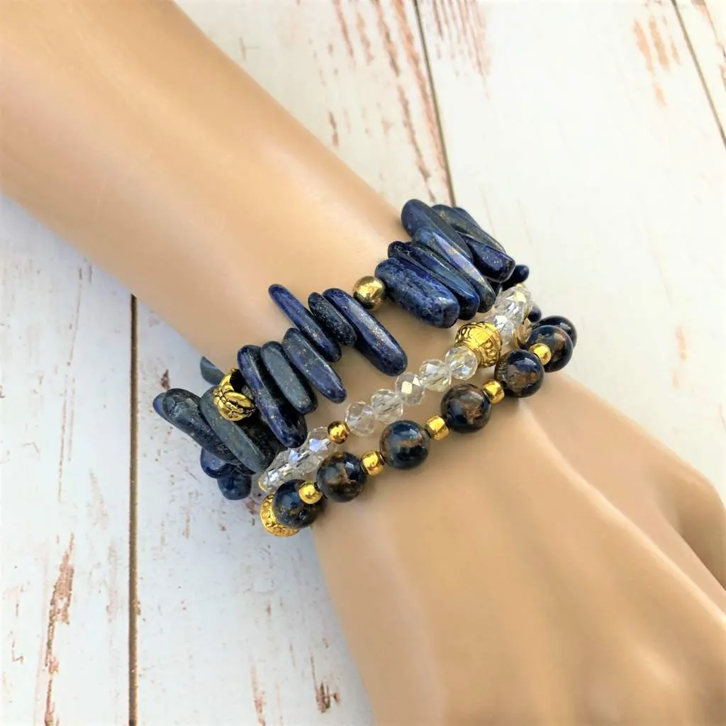 Blue Cobalt Opal and Bronzite Marbled Quartz Gold Beaded Bracelet