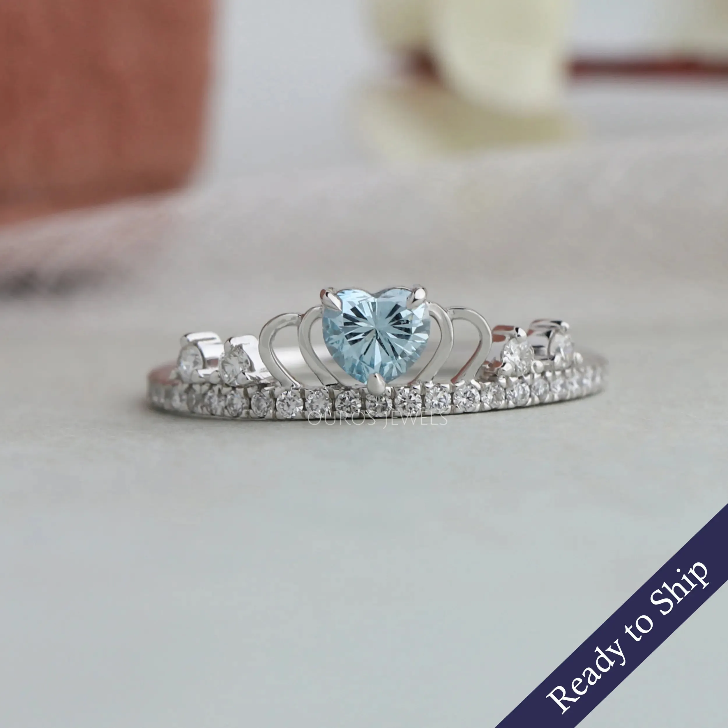 Blue Heart Diamond Crown Style Ring