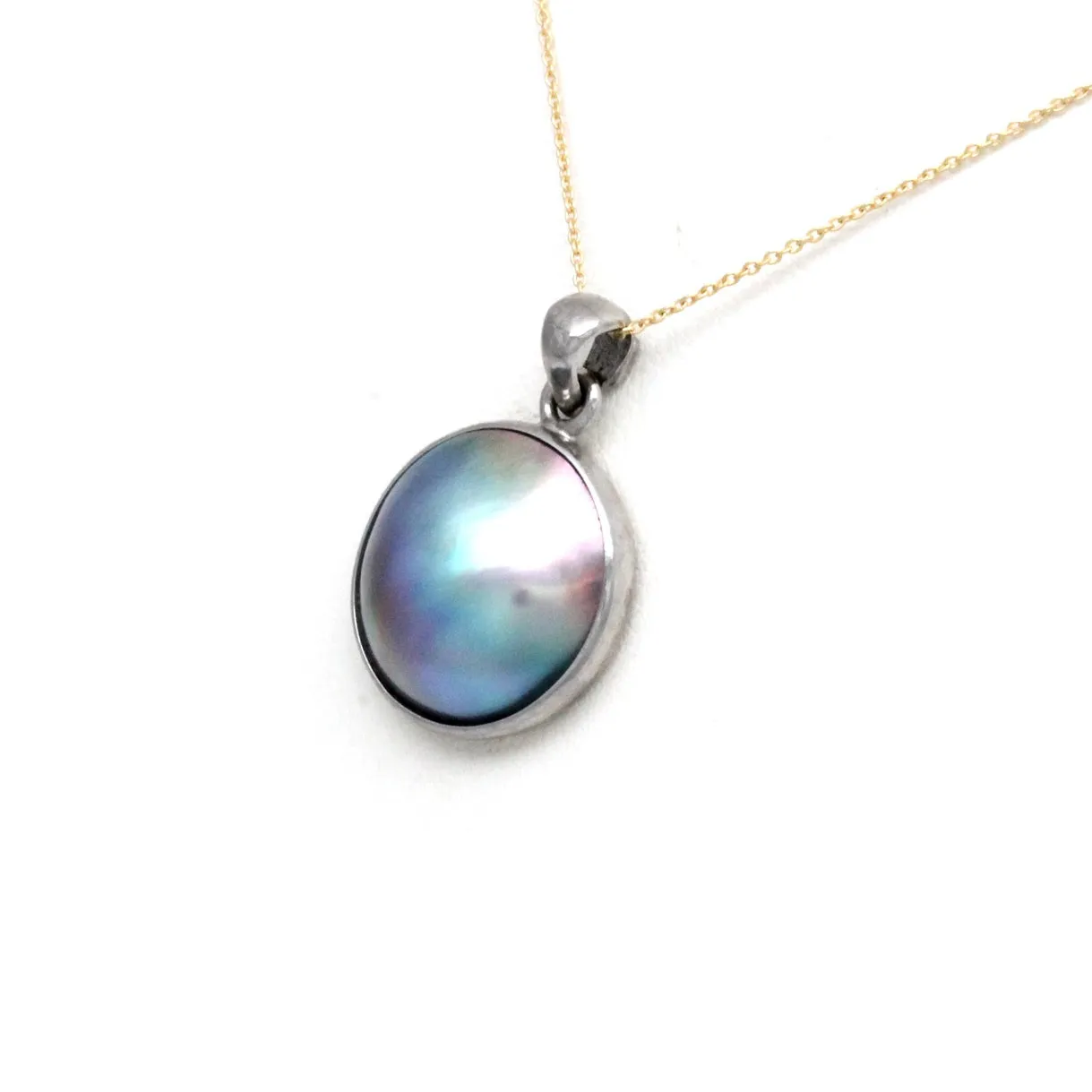 Blue rainbow Cortez Mabe Pearl Pendant in 14K White Gold