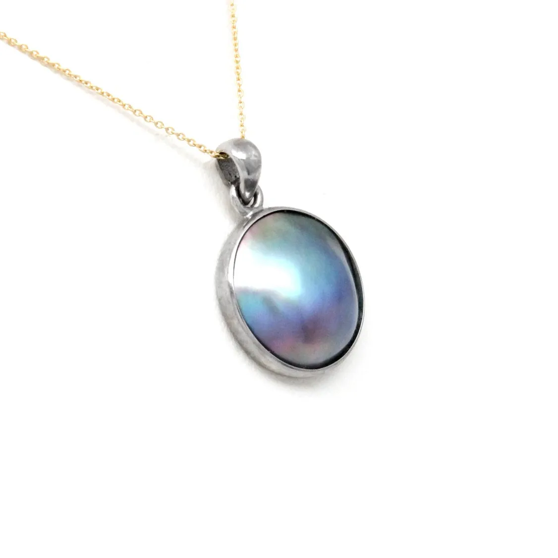 Blue rainbow Cortez Mabe Pearl Pendant in 14K White Gold