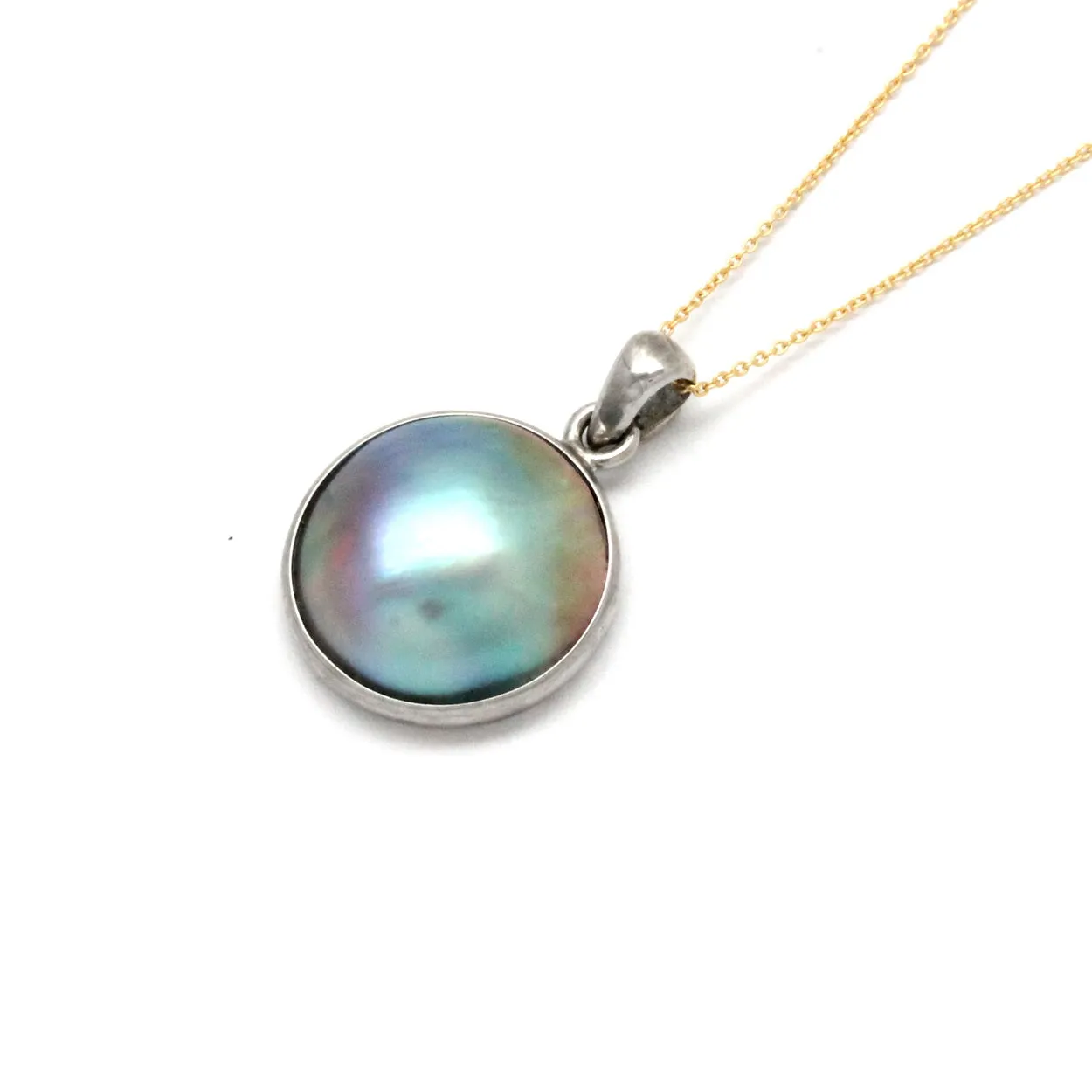 Blue rainbow Cortez Mabe Pearl Pendant in 14K White Gold