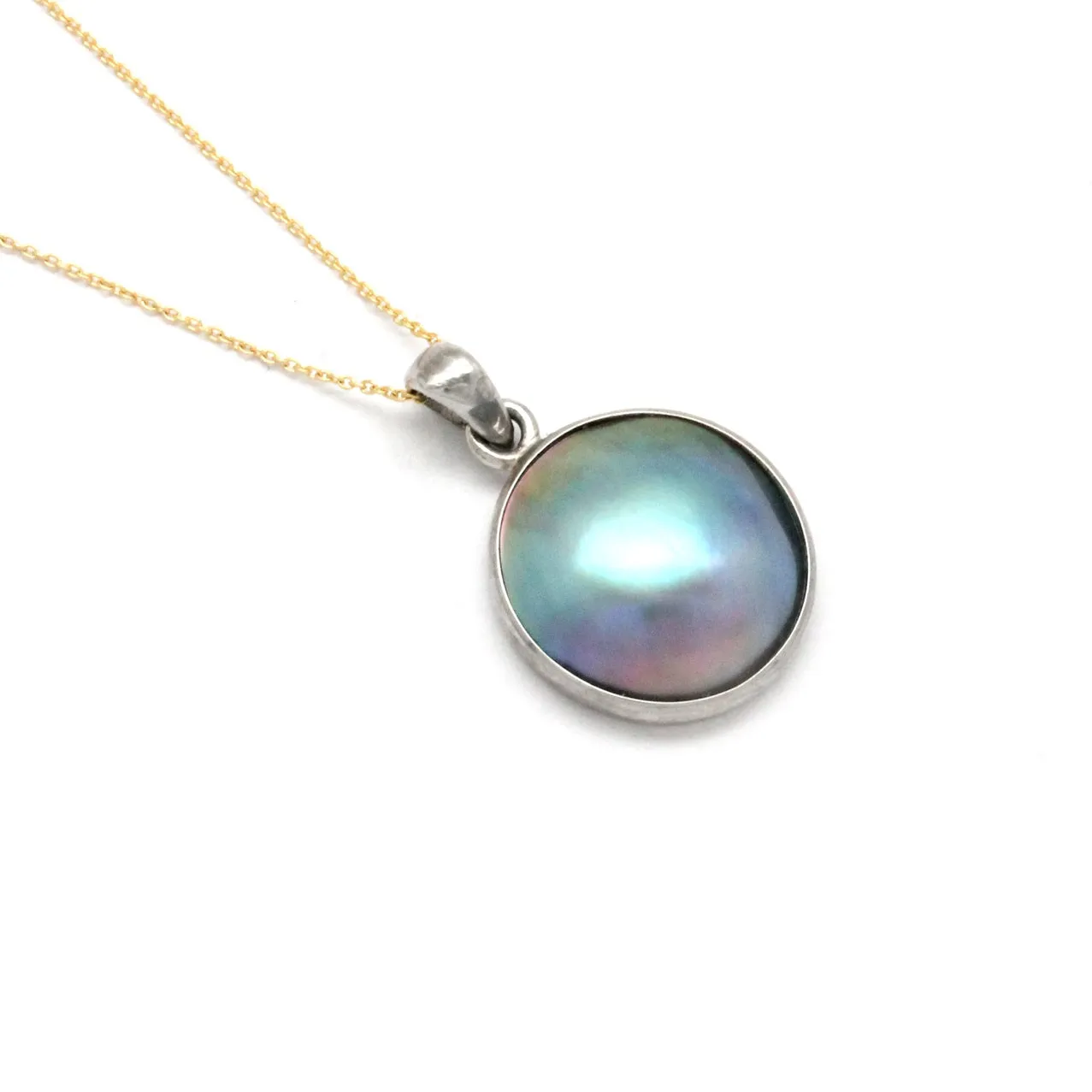 Blue rainbow Cortez Mabe Pearl Pendant in 14K White Gold