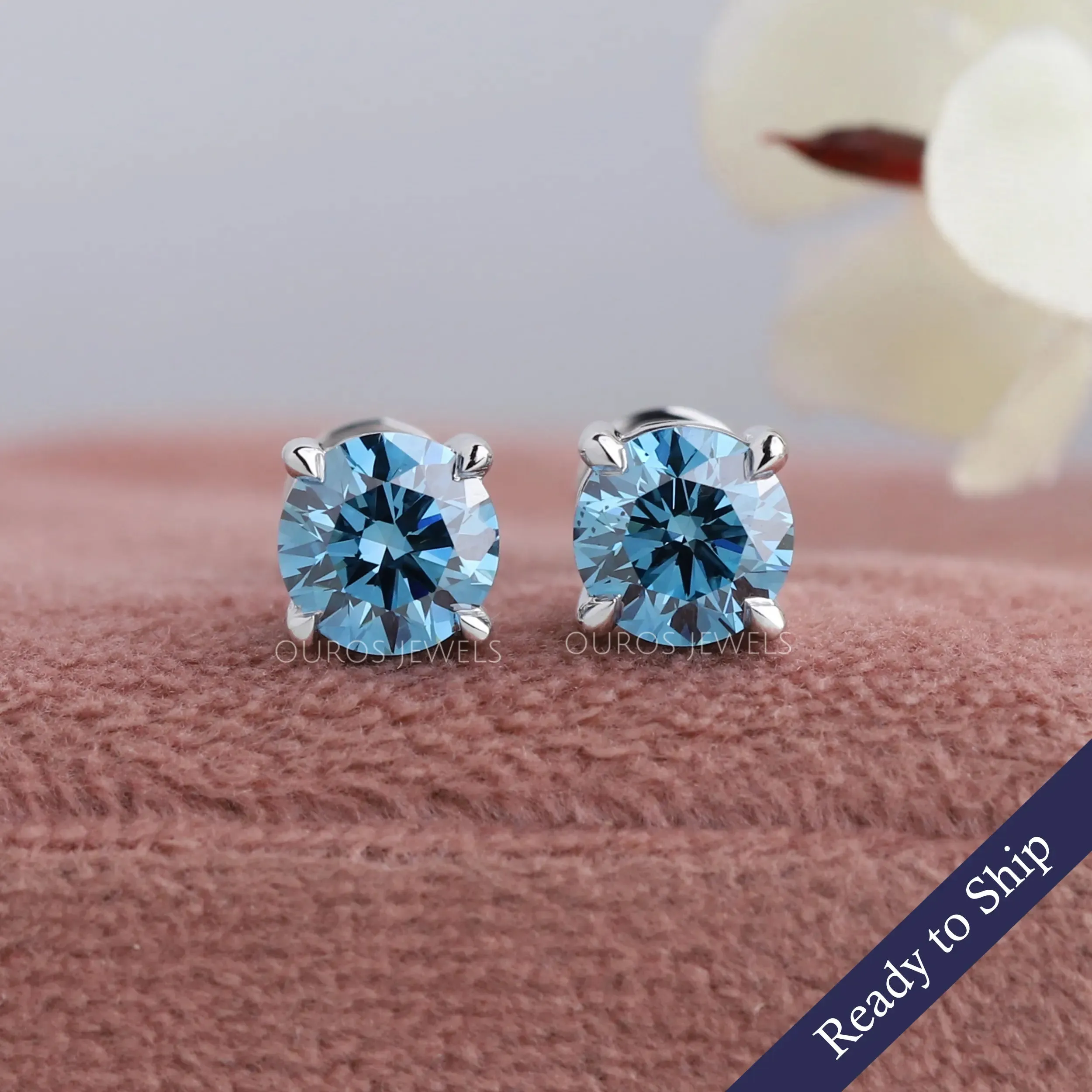 Blue Round Diamond Solitaire Stud Earrings