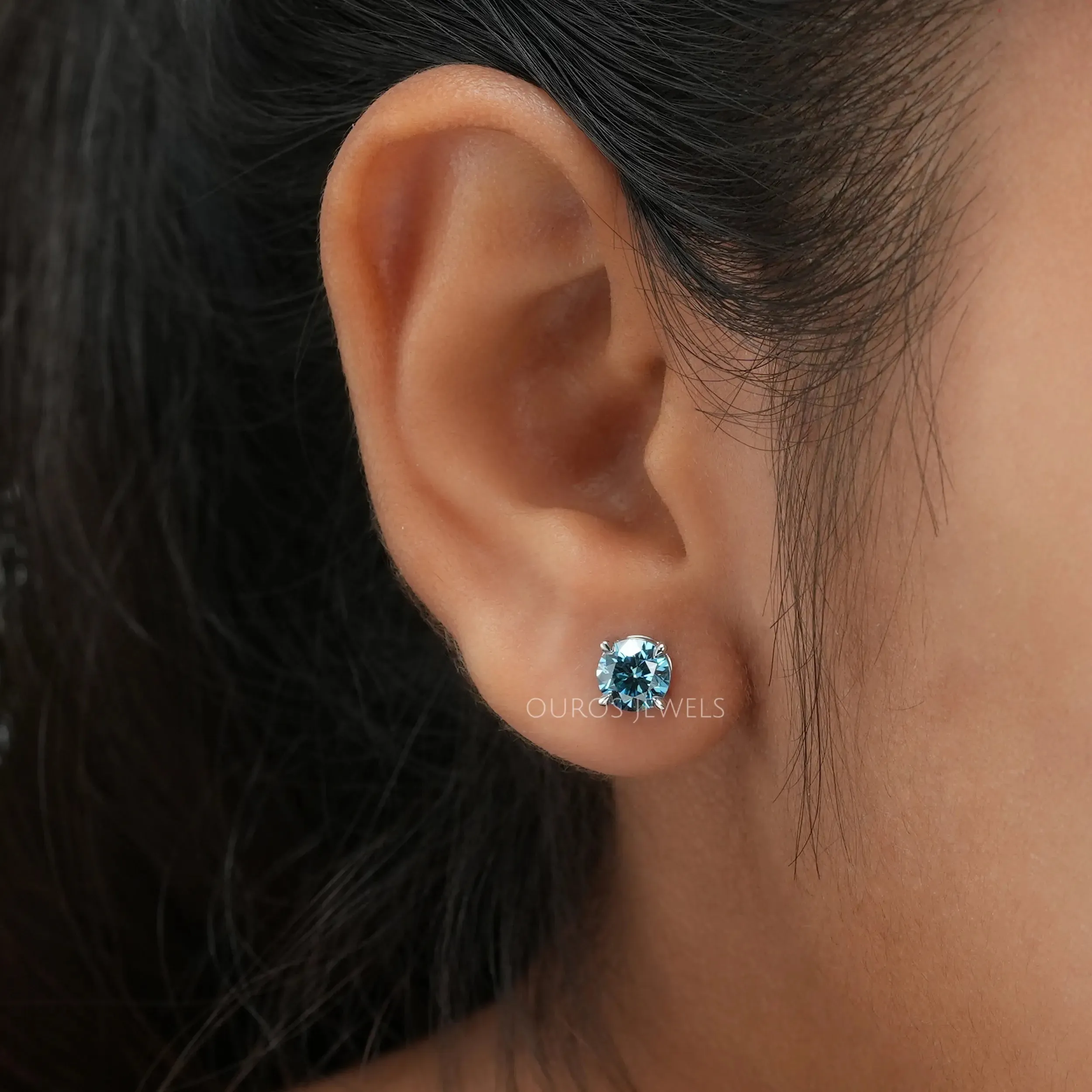 Blue Round Diamond Solitaire Stud Earrings