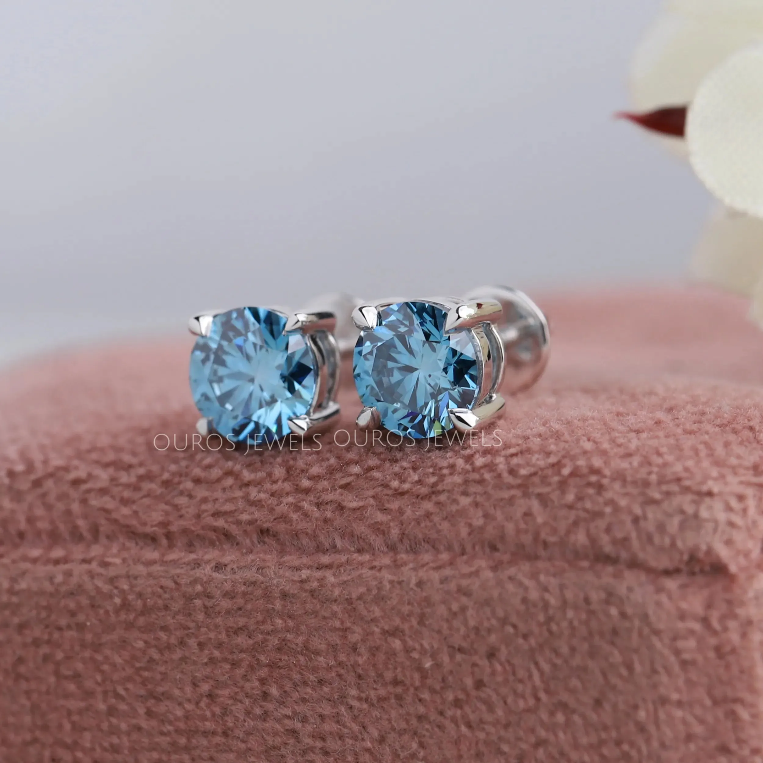 Blue Round Diamond Solitaire Stud Earrings