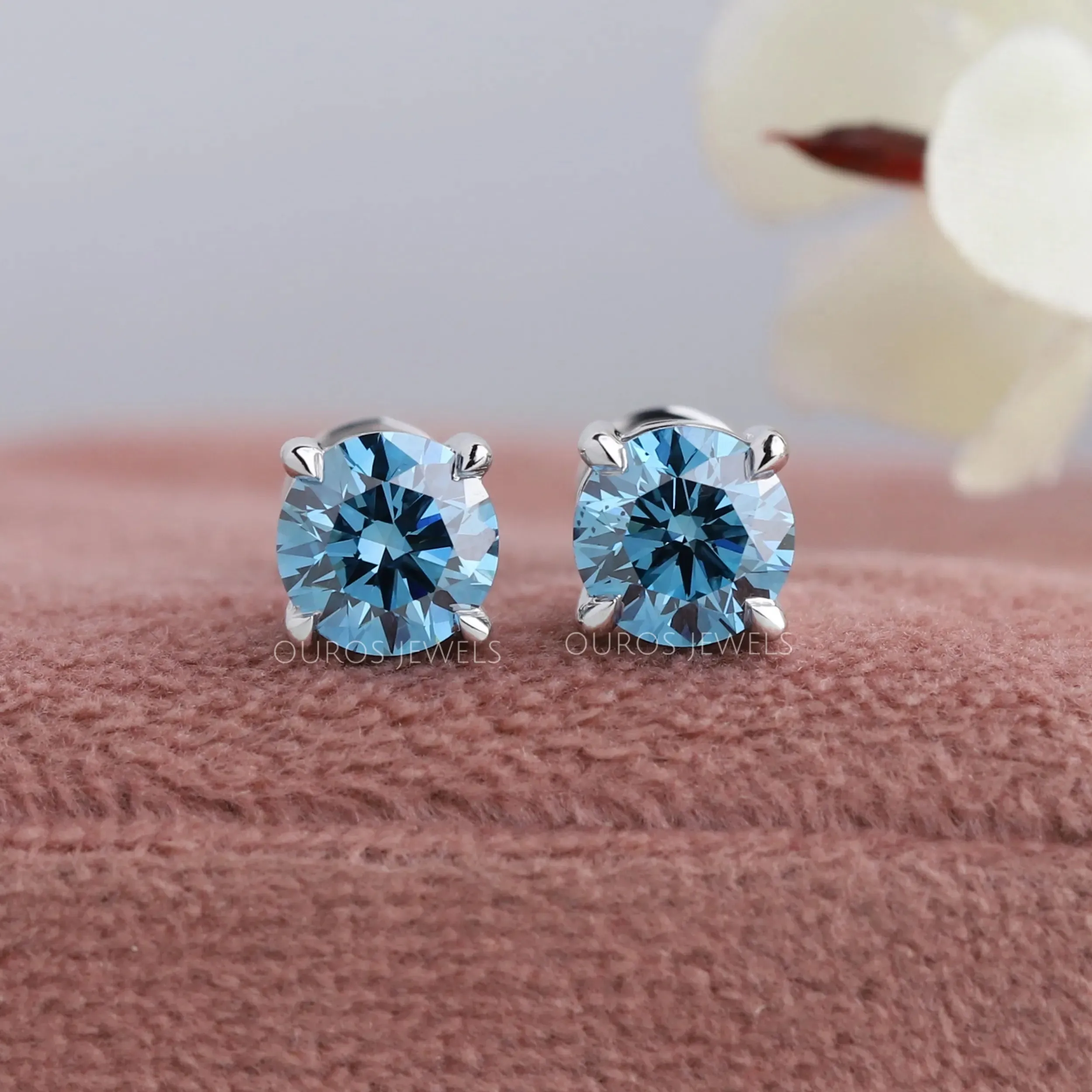 Blue Round Diamond Solitaire Stud Earrings