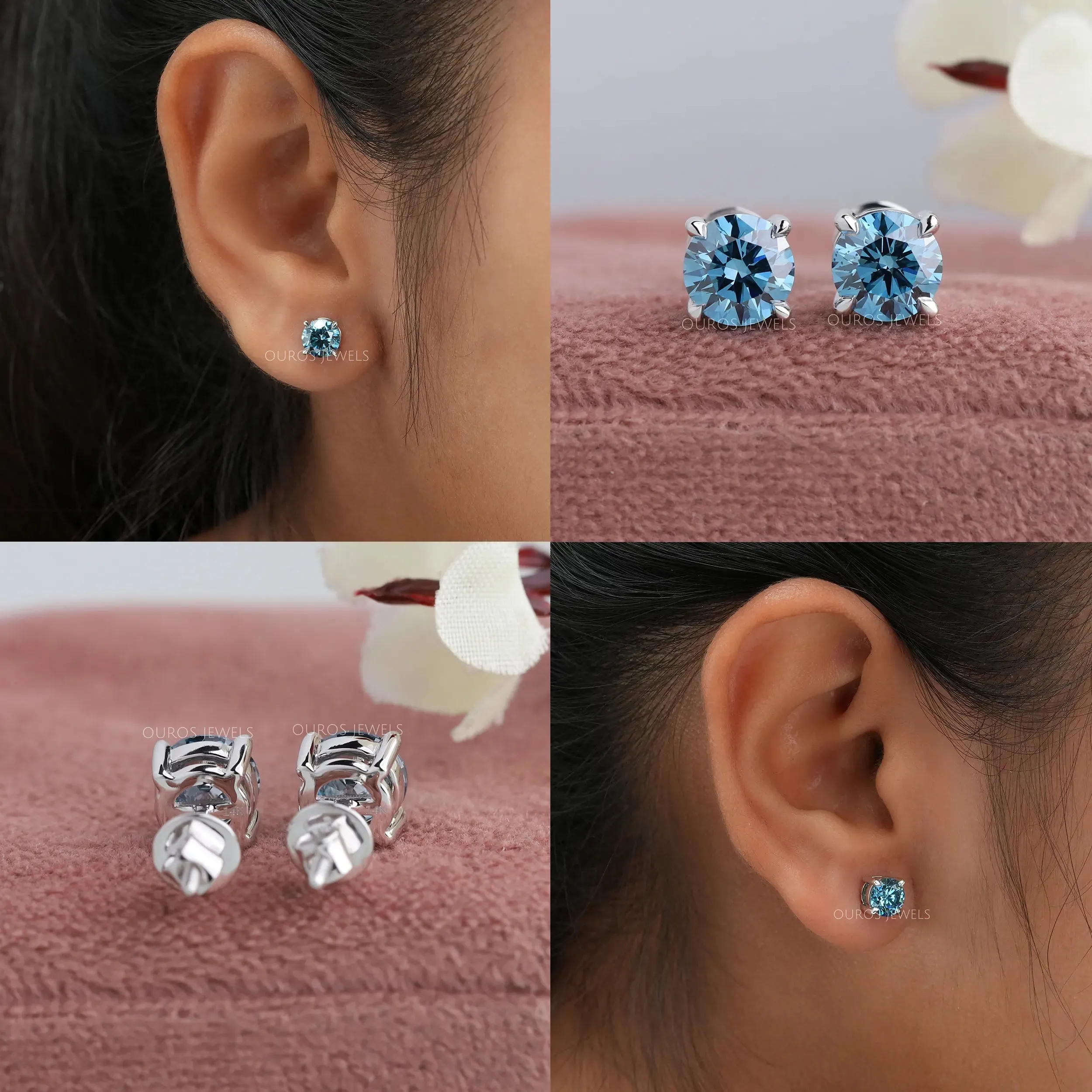 Blue Round Diamond Solitaire Stud Earrings