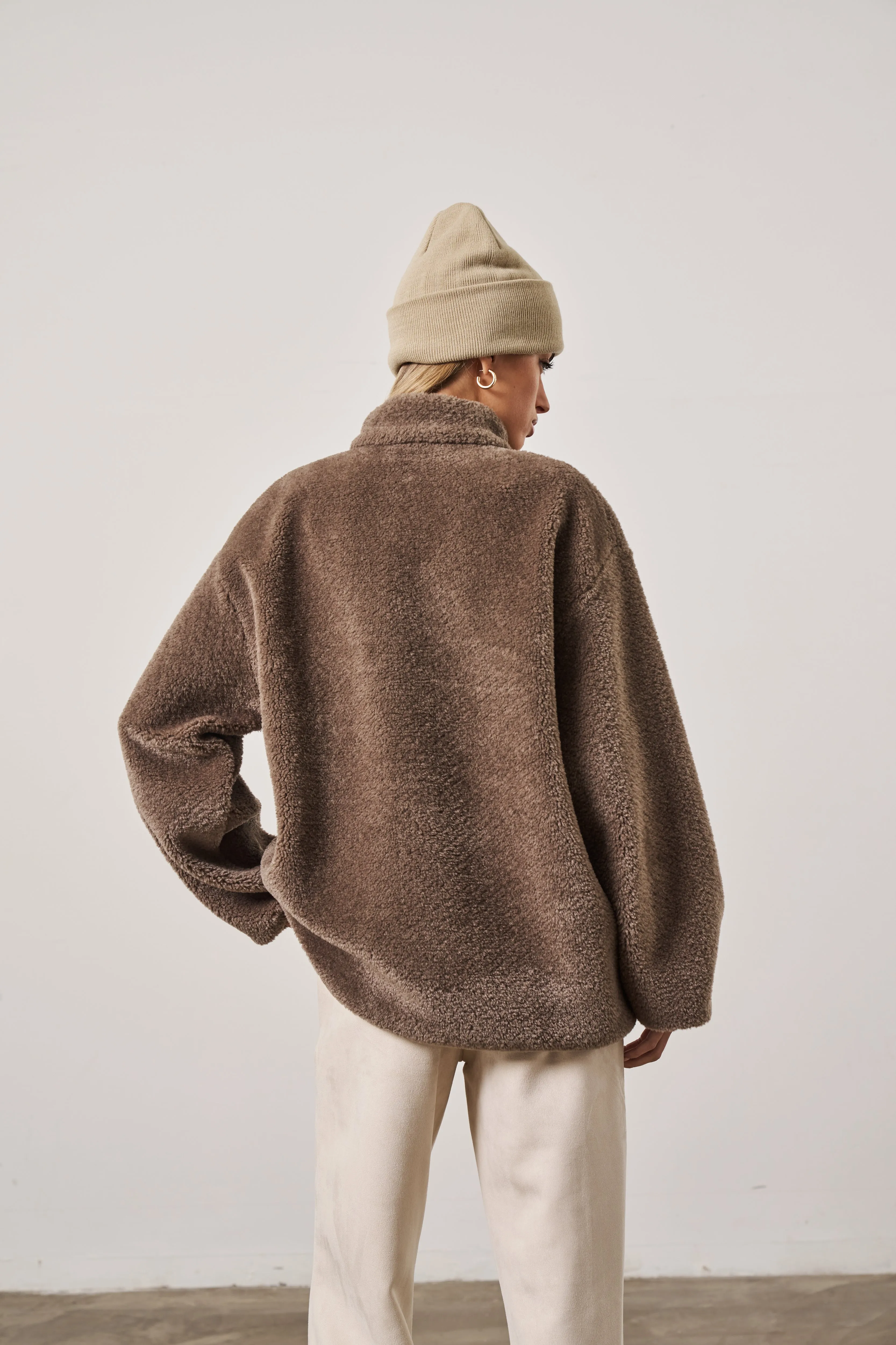 BORG QUARTER ZIP FUNNEL NECK JUMPER - BROWN