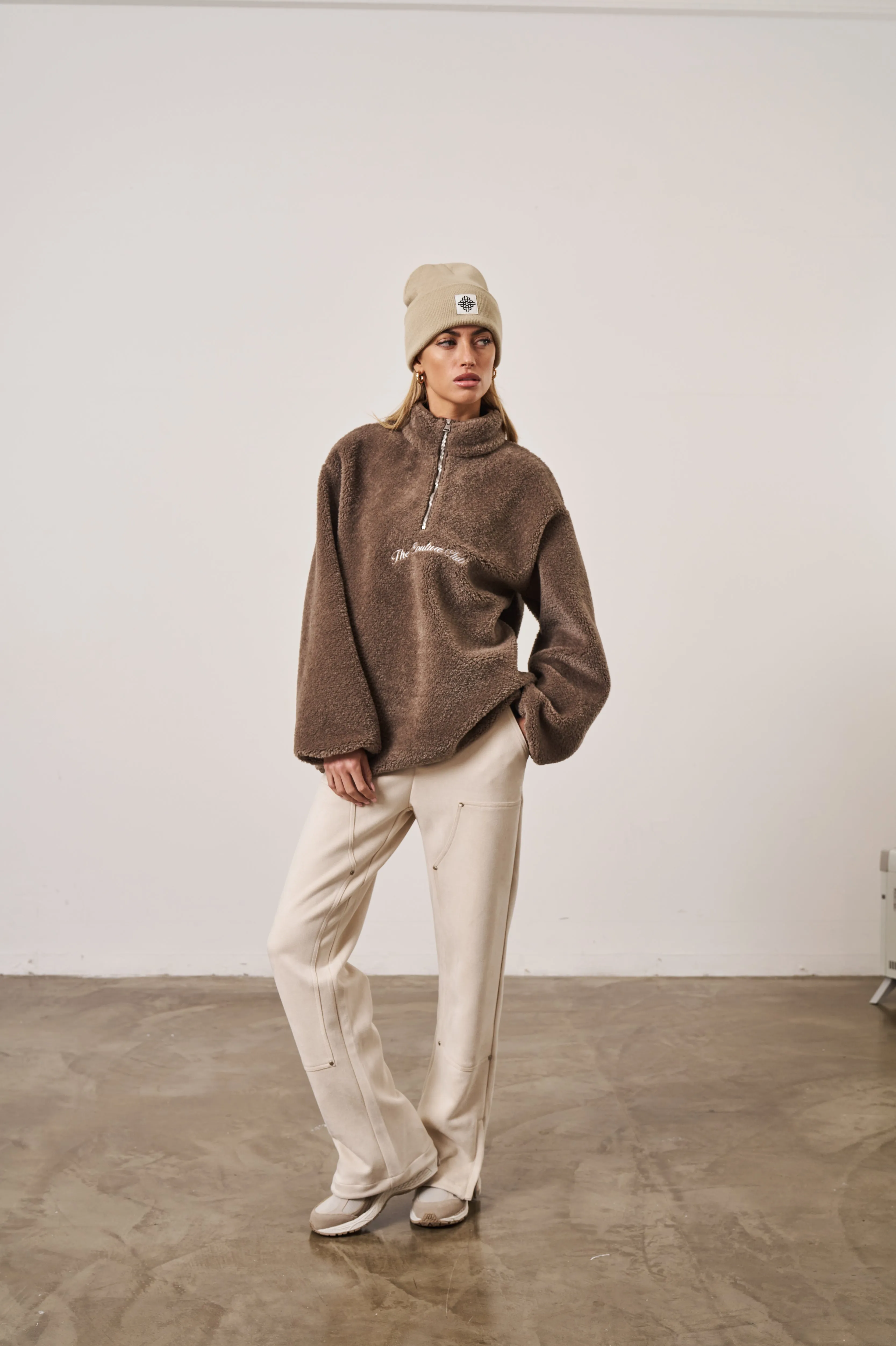 BORG QUARTER ZIP FUNNEL NECK JUMPER - BROWN