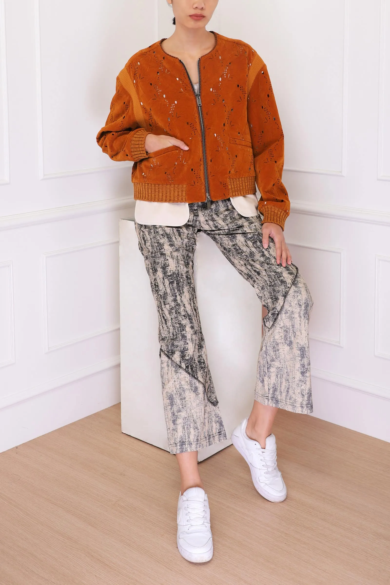 Camel Kaila Punching Suede Bomber Short Jacket