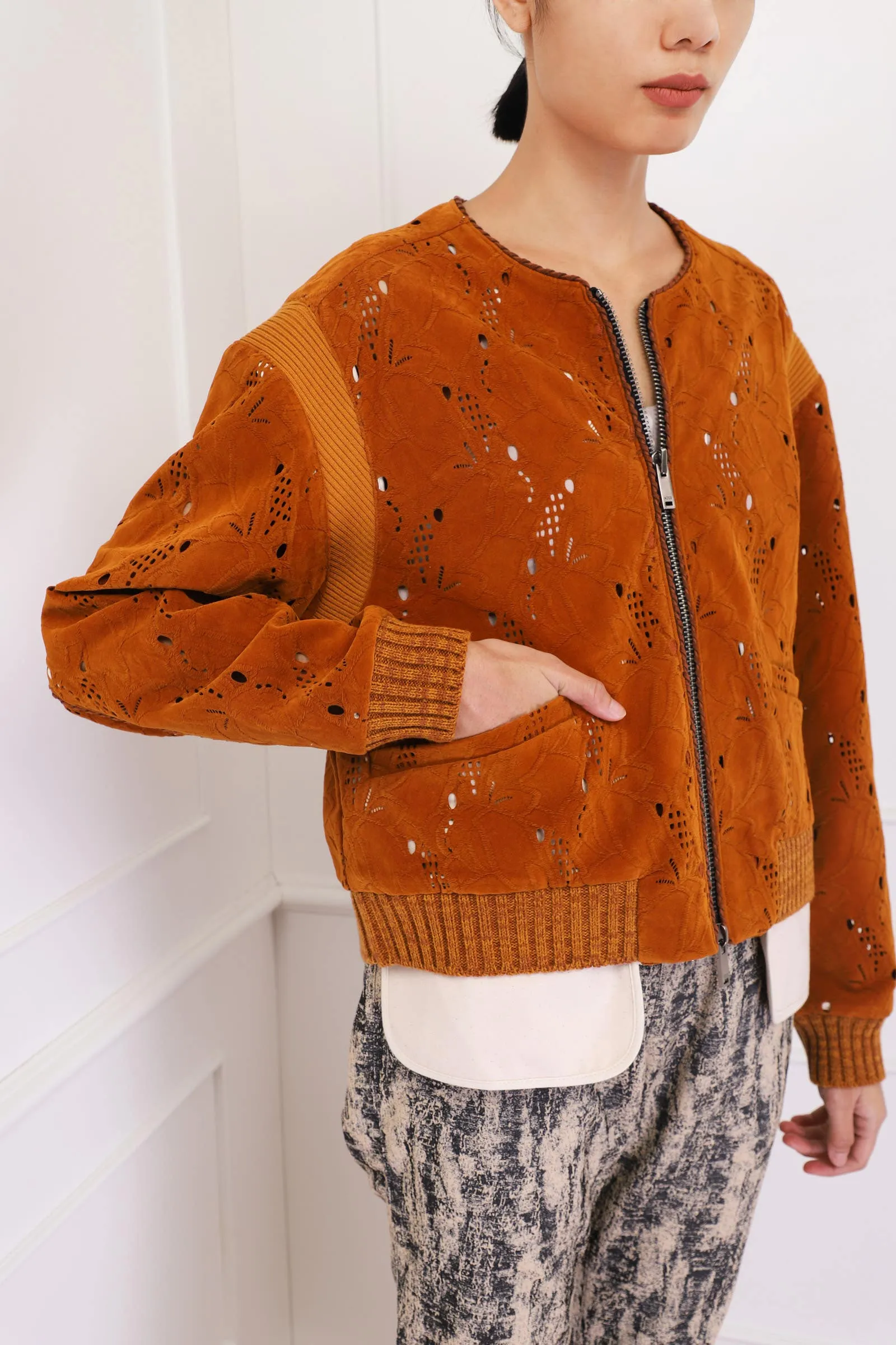 Camel Kaila Punching Suede Bomber Short Jacket