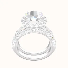 Cathedral Three Row Pave Engagement Ring With Halo with Double Prong Head and Matching Band