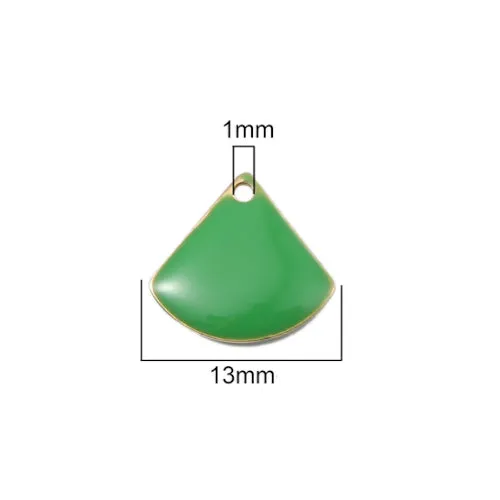 Charms, Fan-Shaped, Double-Sided, Green, Enameled, Brass, Drops, 13mm