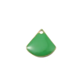 Charms, Fan-Shaped, Double-Sided, Green, Enameled, Brass, Drops, 13mm