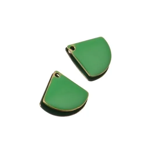 Charms, Fan-Shaped, Double-Sided, Green, Enameled, Brass, Drops, 13mm