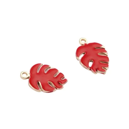 Charms, Monstera Leaf, Red, Enameled, Brass, 13mm