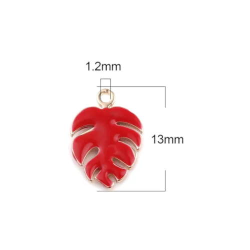 Charms, Monstera Leaf, Red, Enameled, Brass, 13mm