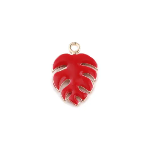 Charms, Monstera Leaf, Red, Enameled, Brass, 13mm