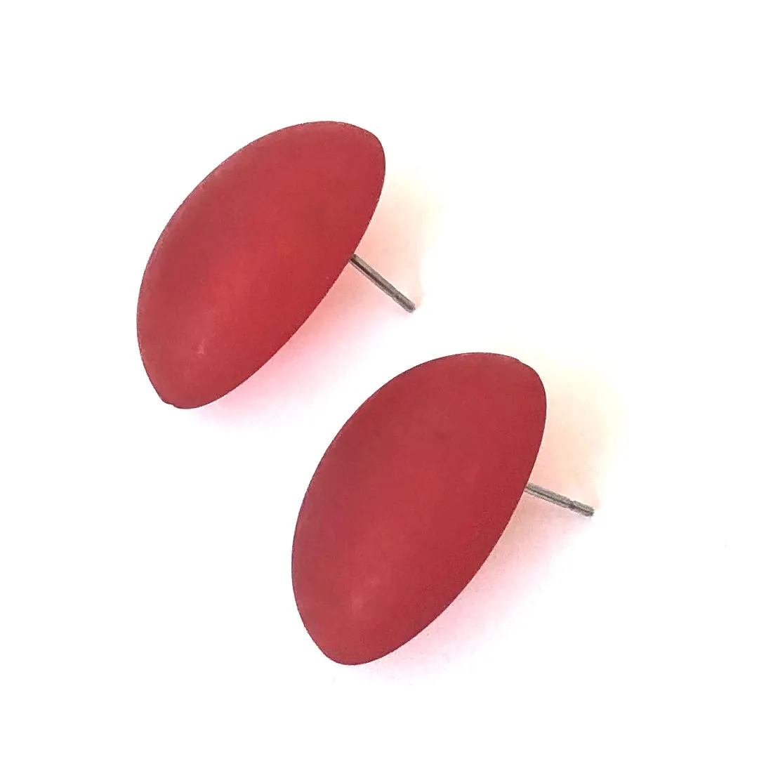 Cherry Red Frosted Oval Retro Button Stud Earrings