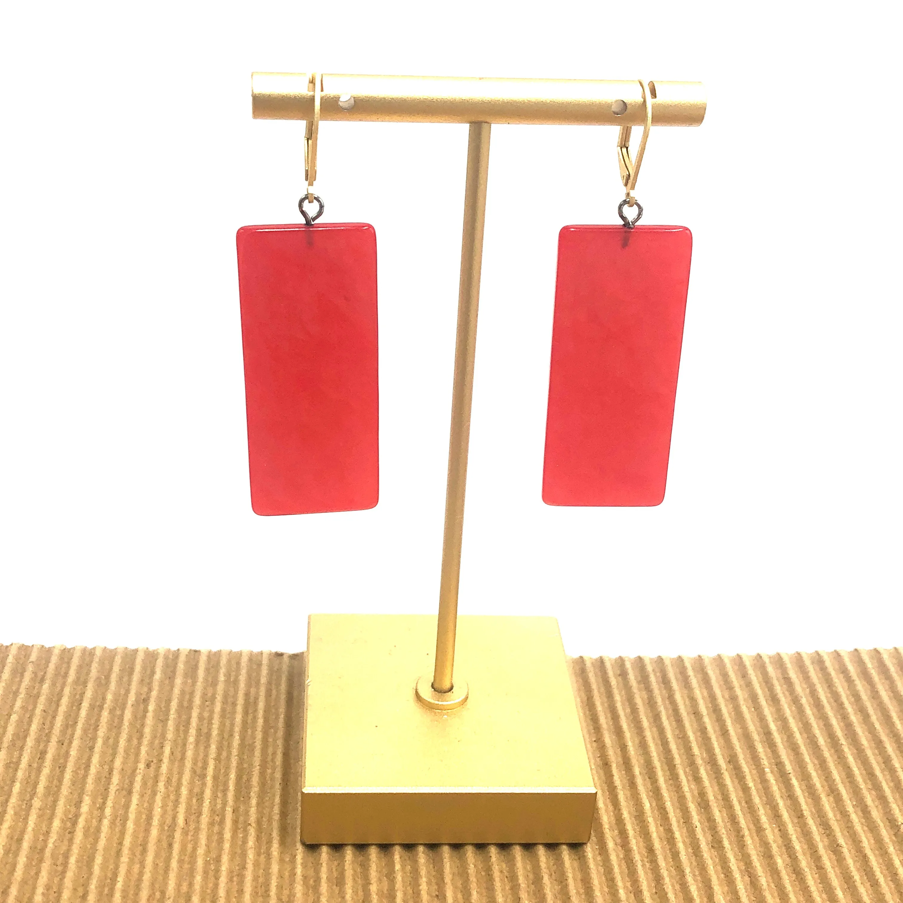 Coral Red Silk Rectangle Drop Earrings