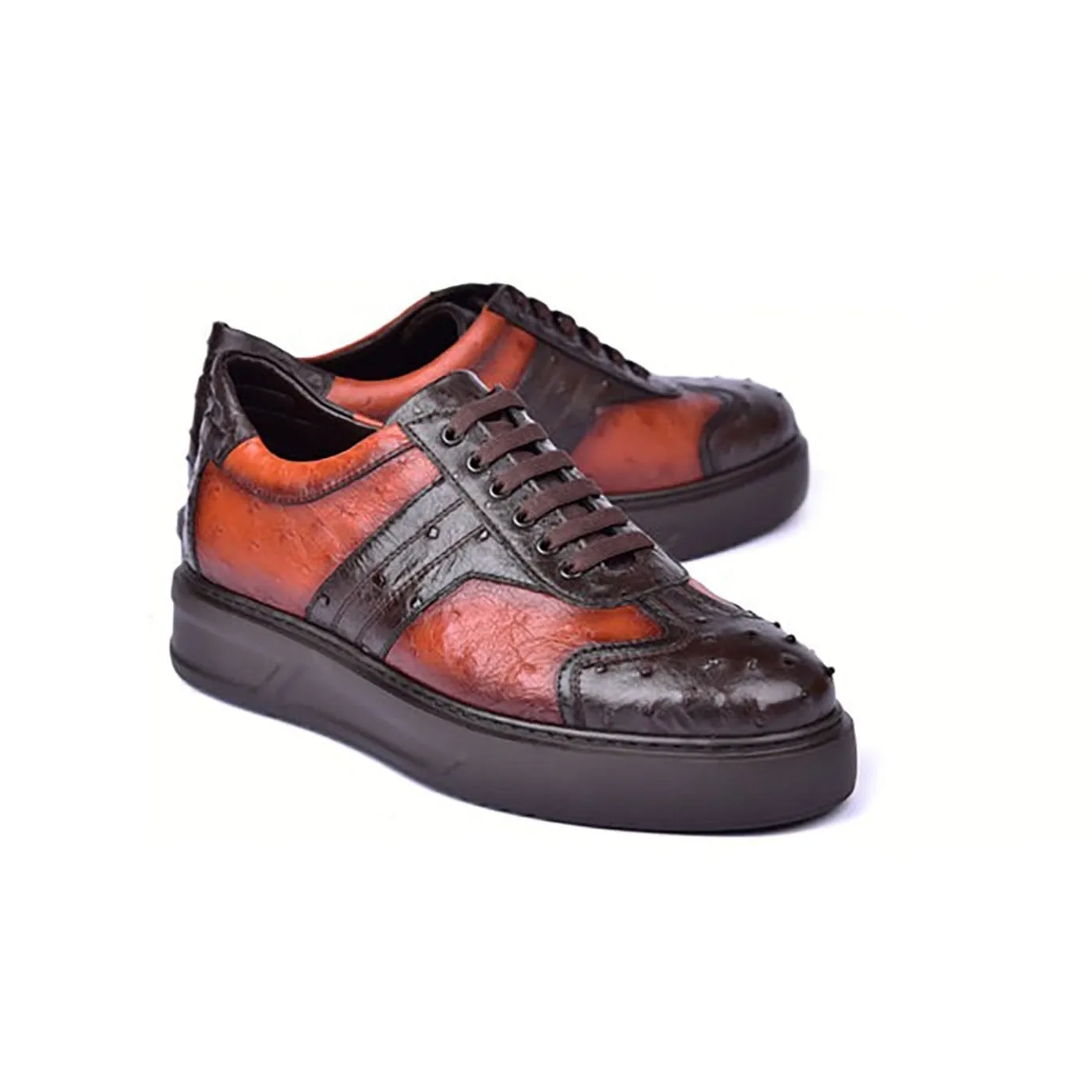 Corrente C001302-6988 Men's Shoes Orange & Brown Exotic Ostrich Casual Sneakers (CRT1475)