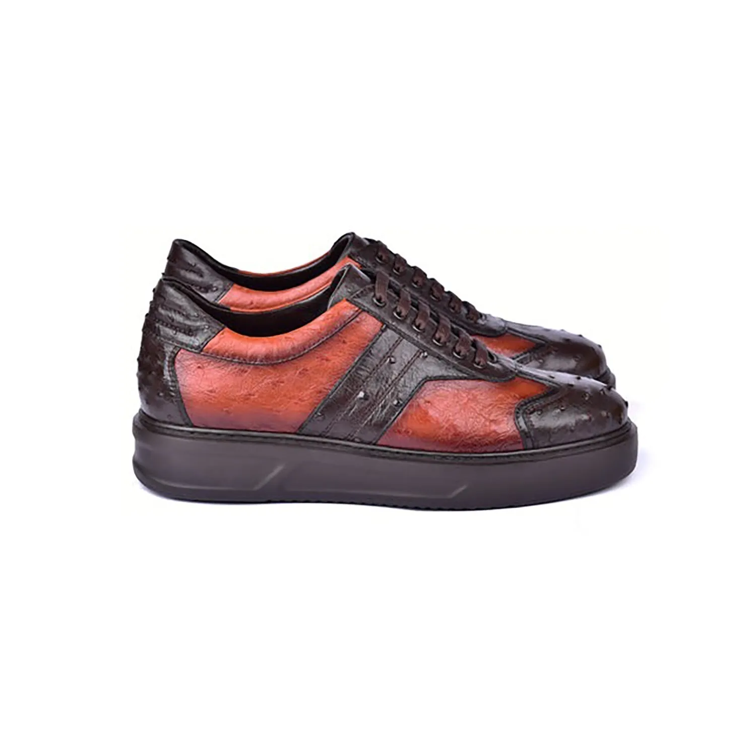 Corrente C001302-6988 Men's Shoes Orange & Brown Exotic Ostrich Casual Sneakers (CRT1475)