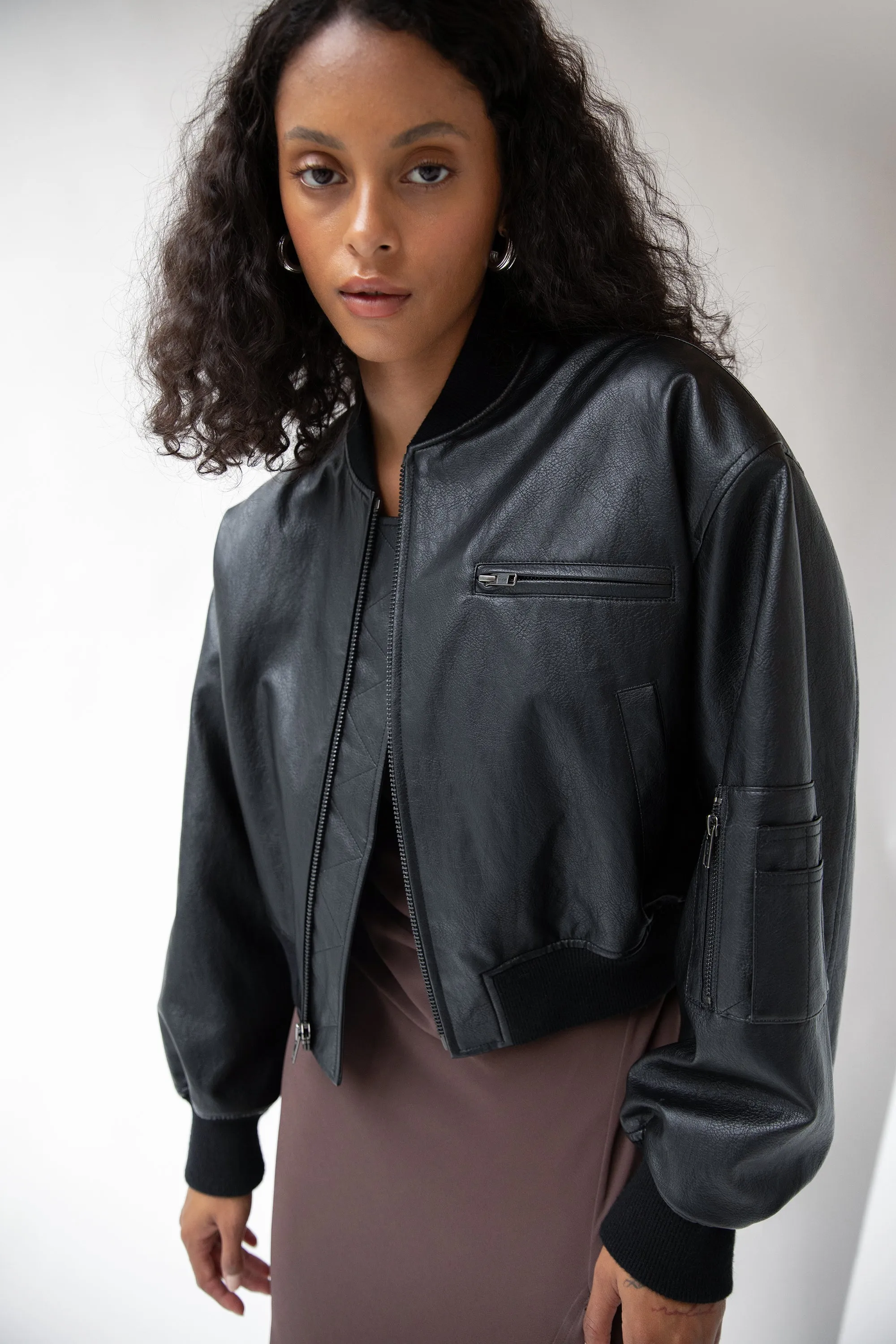 CROPPED VEGAN LEATHER BOMBER JACKET