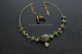 Dainty Green Kundan Fusion Hasli - Labradorite