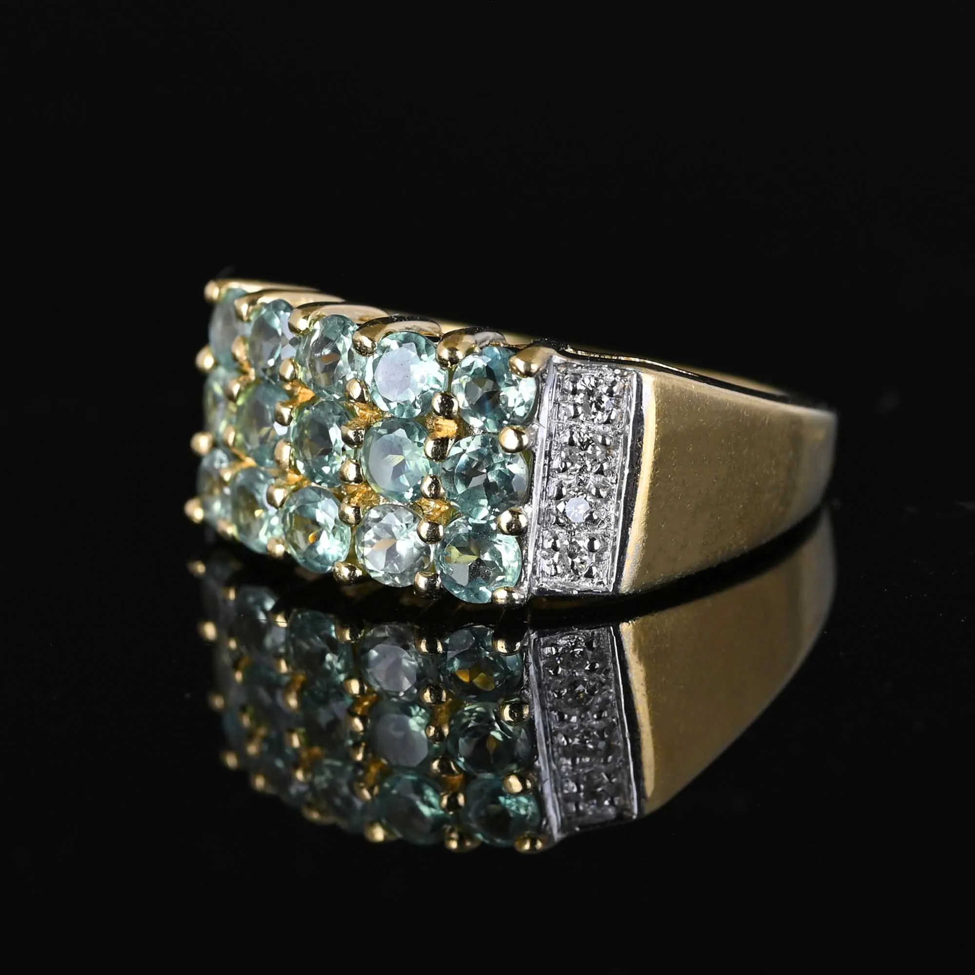 Diamond Three Row Green Tanzanite Ring in 14K Gold