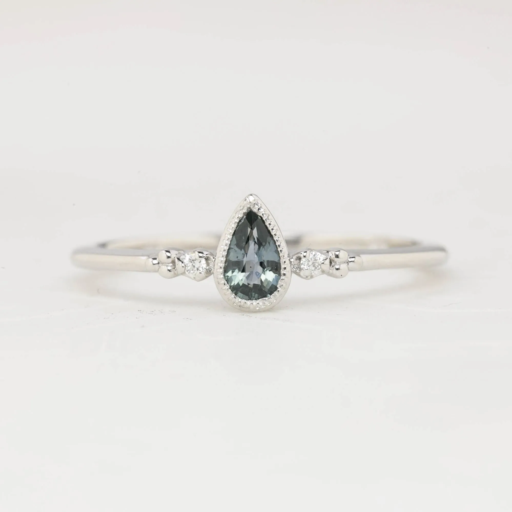 Estel Ring - 0.35ct Unheated Blue Green Teardrop Sapphire, 14k White Gold