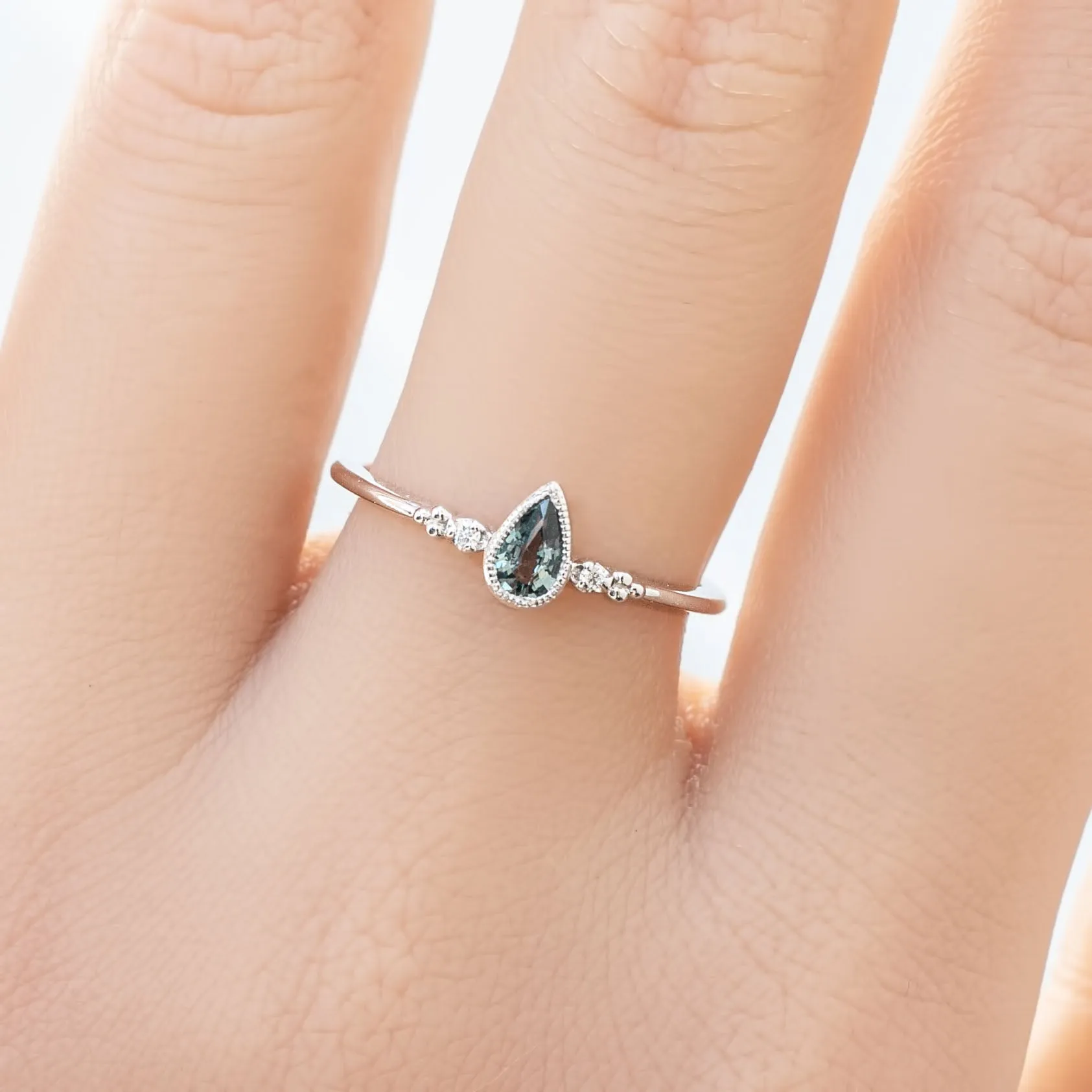 Estel Ring - 0.35ct Unheated Blue Green Teardrop Sapphire, 14k White Gold