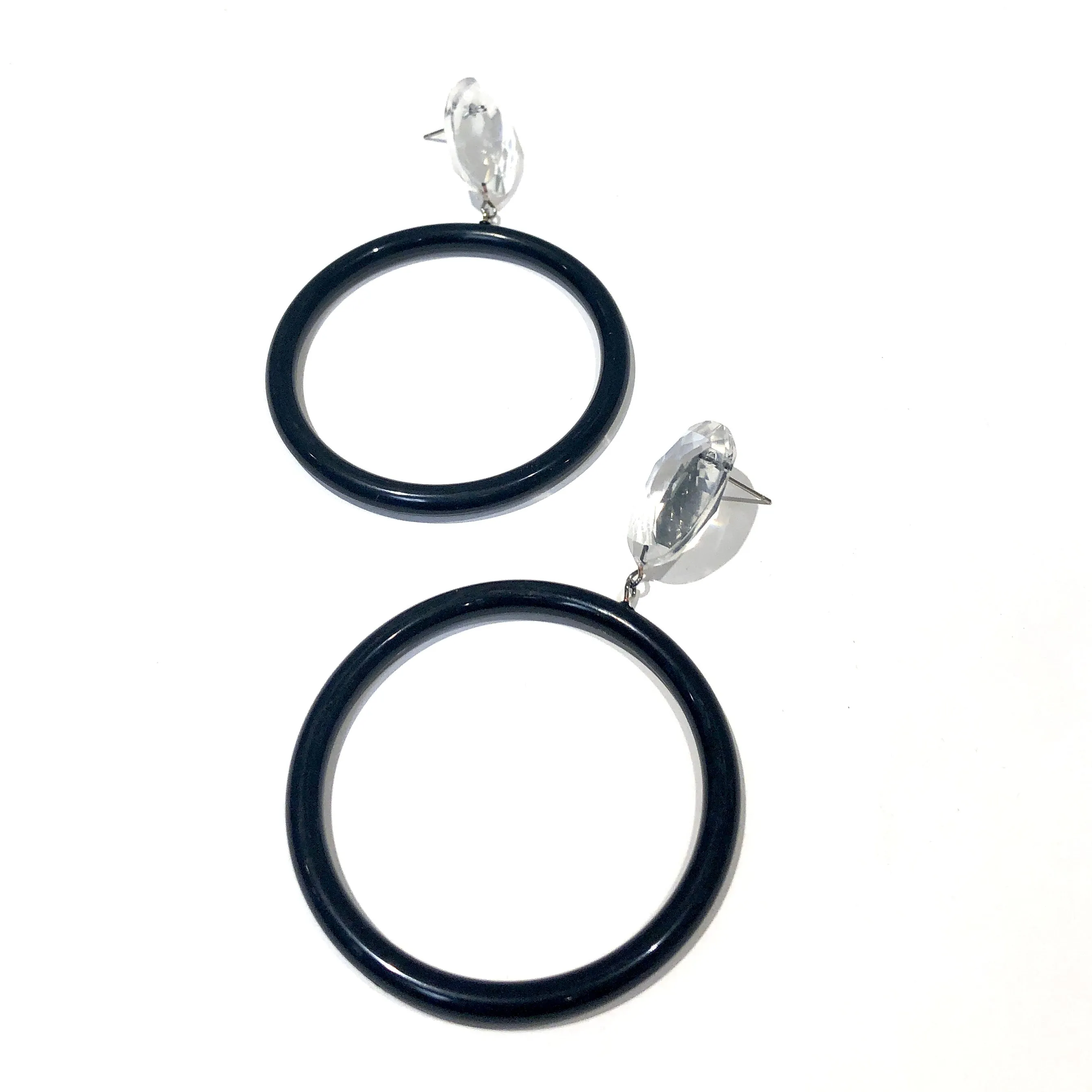 Faceted Clear & Black Large Donut Drop Earrings